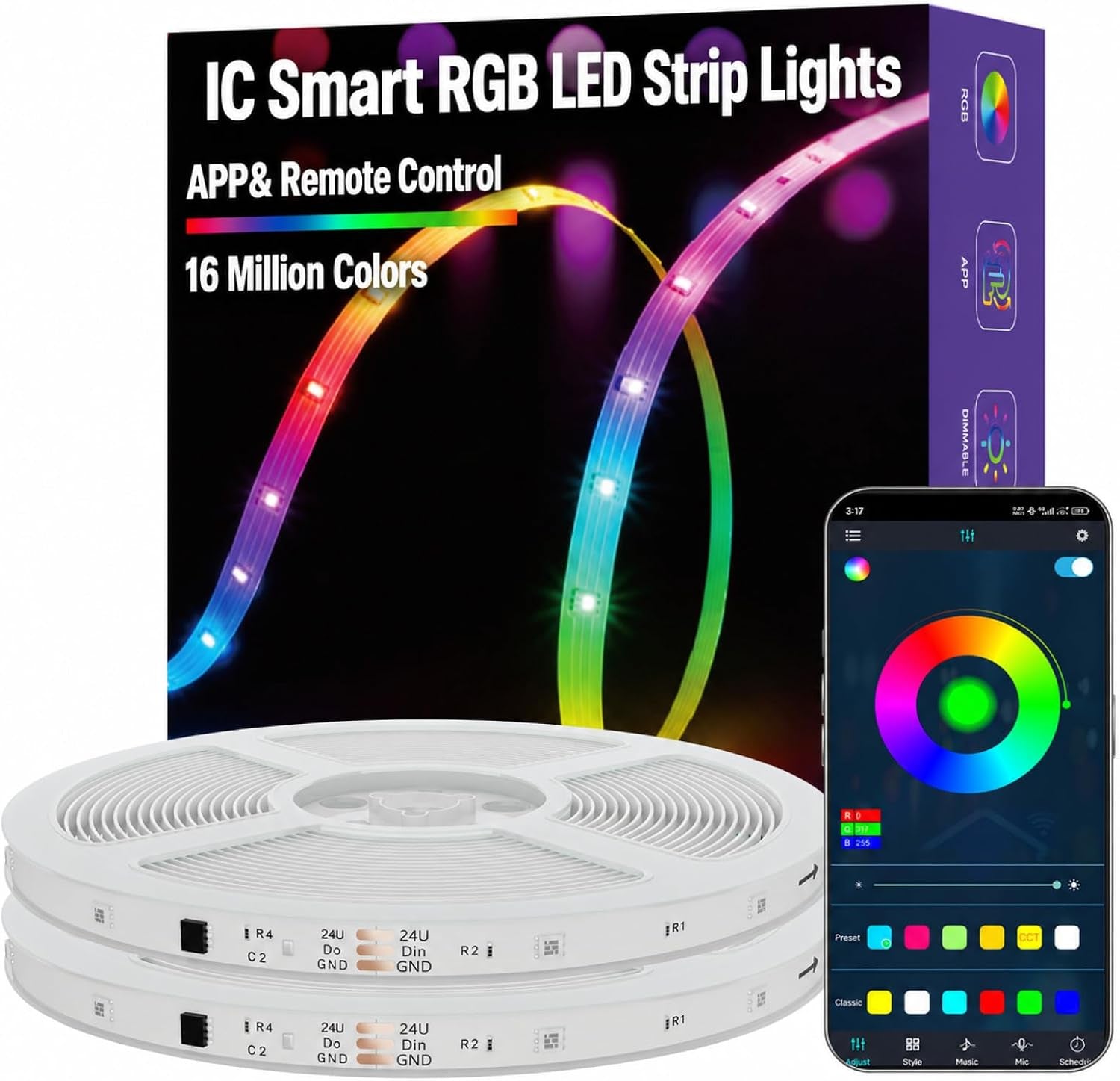 100Ft RGB+IC LED Strip Lights, LED Lights for Bedroom, Smart Control