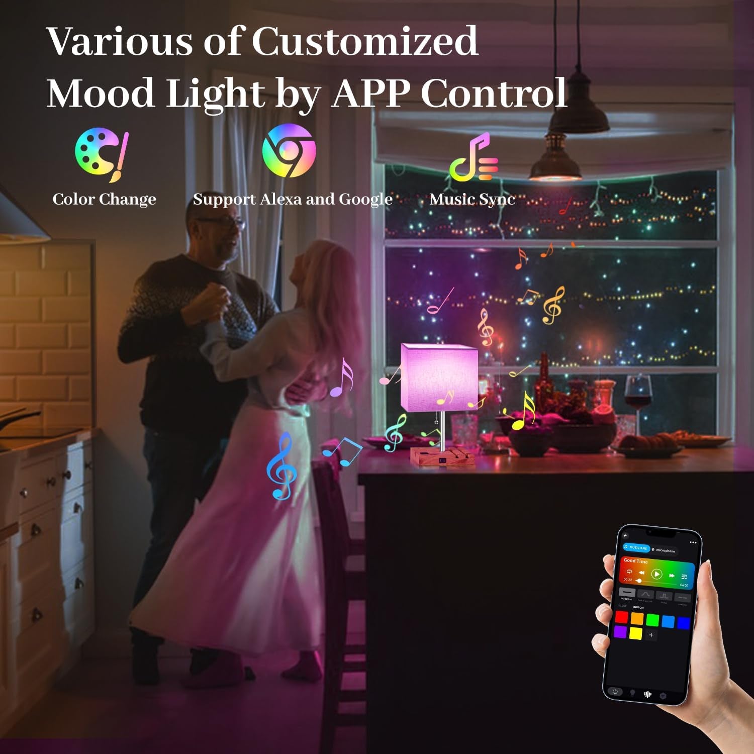 Smart RGB Dimmable Table Lamp Compatible with Alexa&App&Remote Control, Wood Base