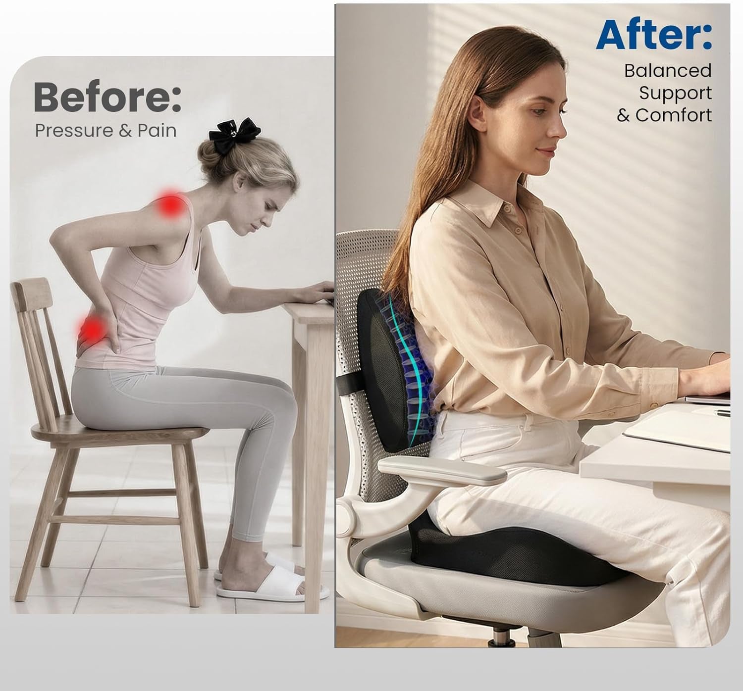 Seat Cushion Lumbar Support Pillow for Office Chair, X Large Memory Foam Chair Cushions for Sciatica Tailbone Pain Relief Coccyx Pad for Wheelchair, Car, Home, Office, Desk