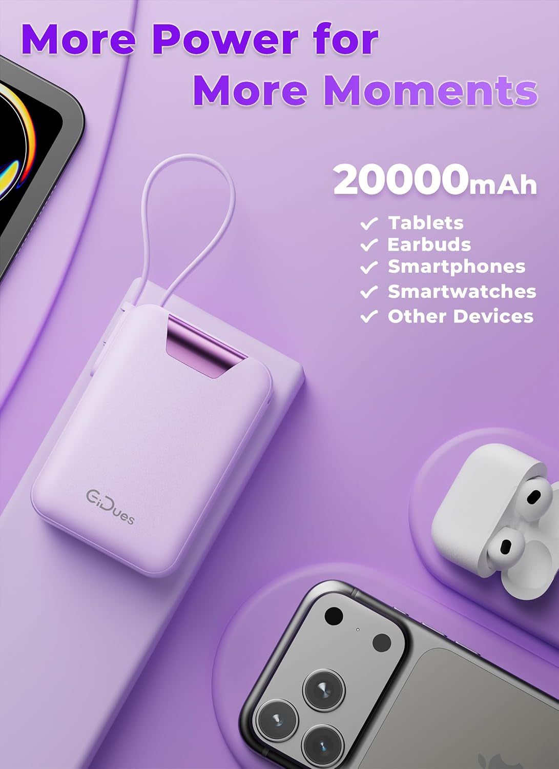 M2 Portable Charger, 20000Mah Power Bank, PD 35W Ultra Fast USB-C Built-In Cable, Compact Cute Mini External Battery Pack for Iphone, Samsung, Android Ipad (Purple)