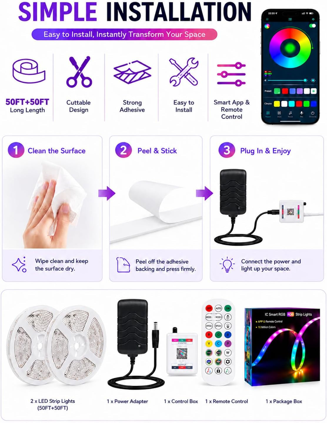 100Ft RGB+IC LED Strip Lights, LED Lights for Bedroom, Smart Control