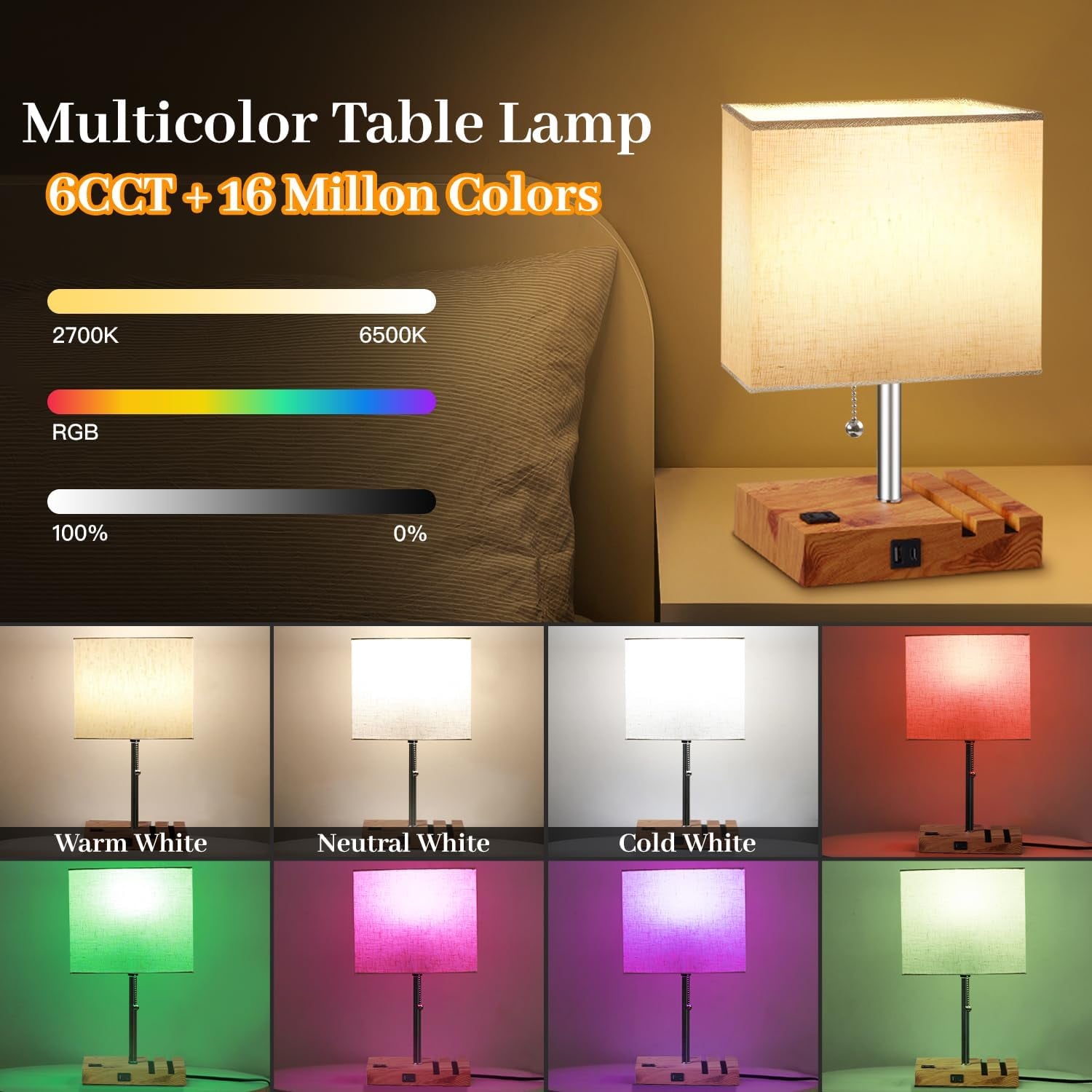 Smart RGB Dimmable Table Lamp Compatible with Alexa&App&Remote Control, Wood Base