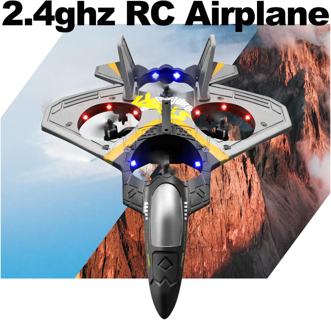 V17 Remote Control Plane, 2.4Ghz Foam RC Airplanes Jet Fighter Stunt RC Airplane with Spinning Drone,Gravity Sensing,Stunt Roll,Cool Light,2 Battery Forteens Adults