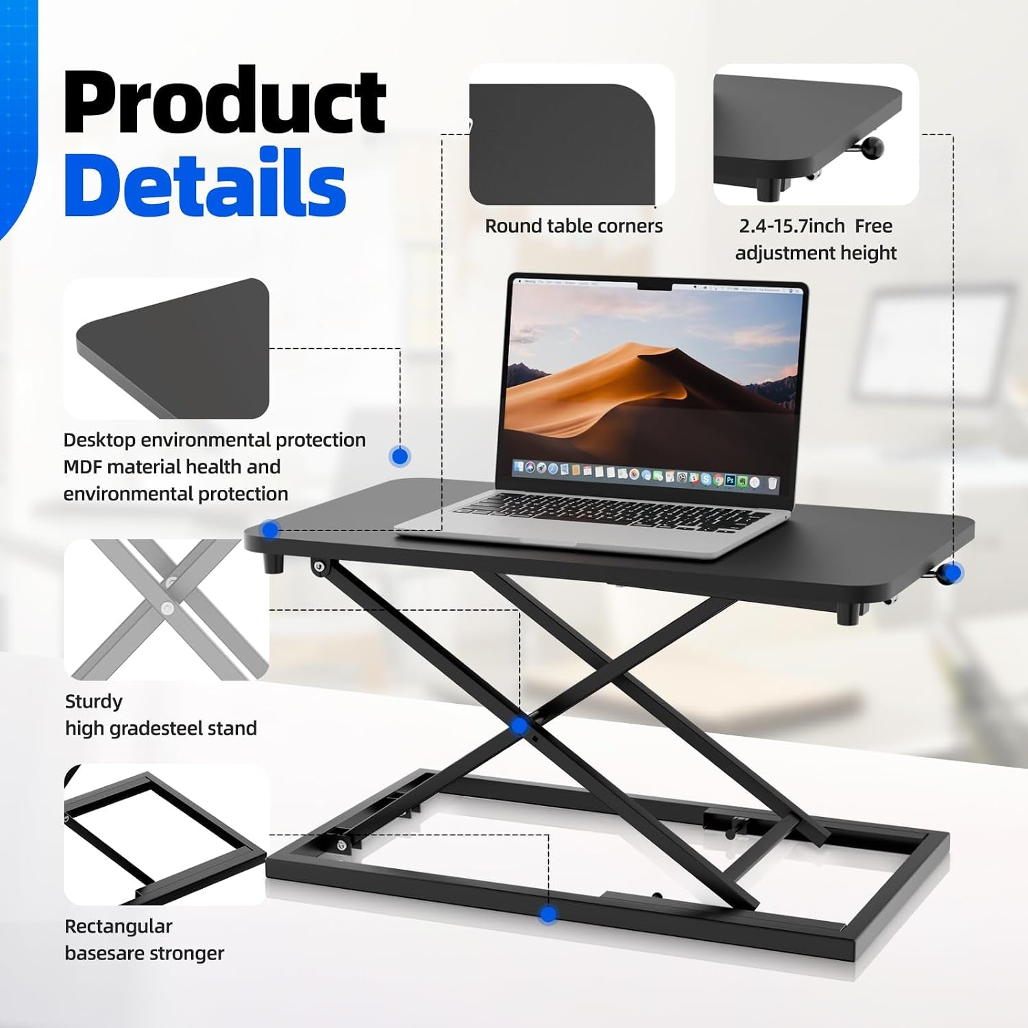 Standing Desk Converter Height Adjustable, Sit to Stand up Desk Riser Computer Workstation Use in Laptop and Single Monitor Ergonomic Desktop Workstation for Home Office - Black