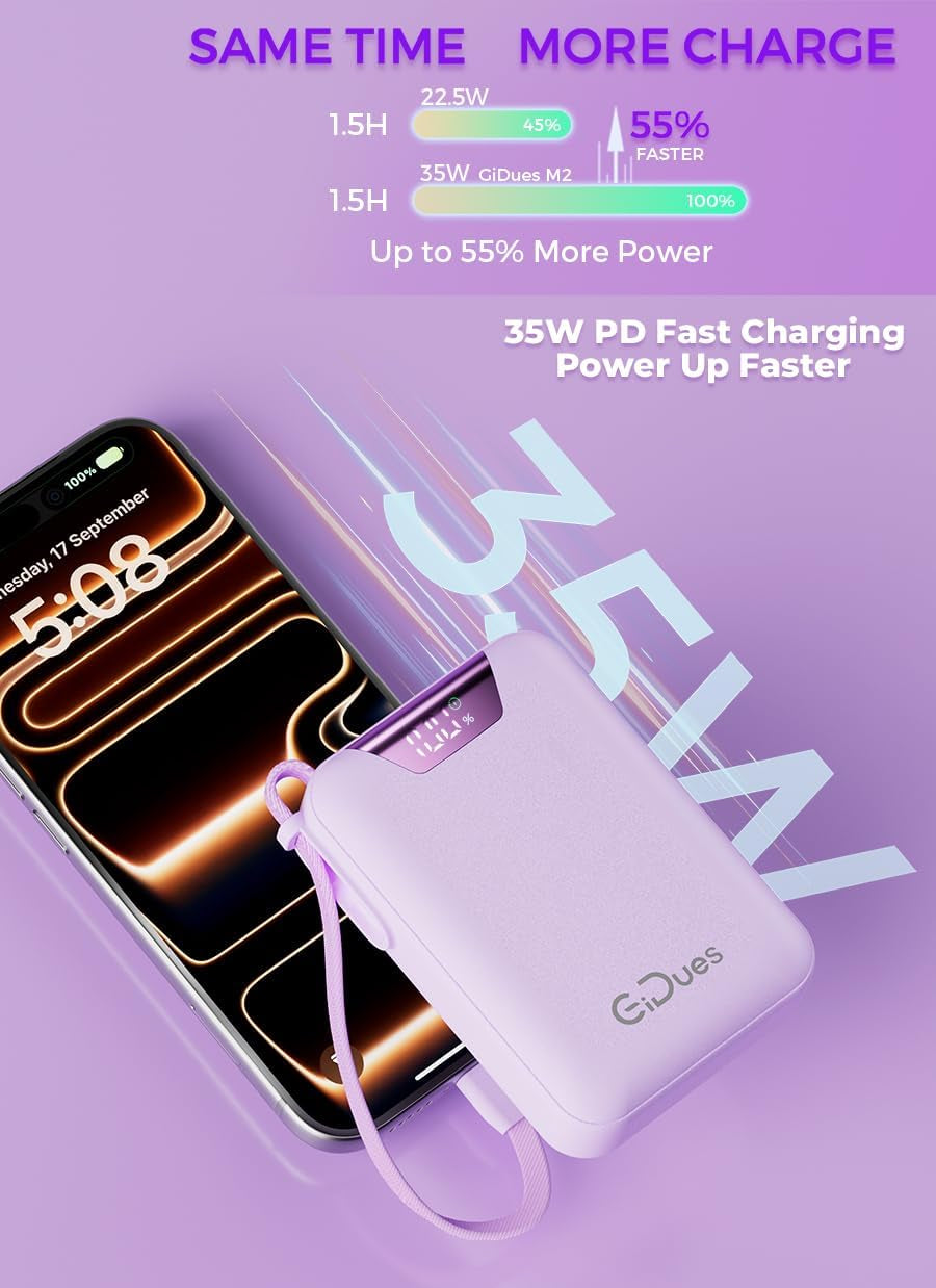 M2 Portable Charger, 20000Mah Power Bank, PD 35W Ultra Fast USB-C Built-In Cable, Compact Cute Mini External Battery Pack for Iphone, Samsung, Android Ipad (Purple)