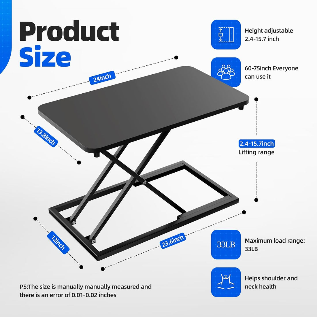 Standing Desk Converter Height Adjustable, Sit to Stand up Desk Riser Computer Workstation Use in Laptop and Single Monitor Ergonomic Desktop Workstation for Home Office - Black