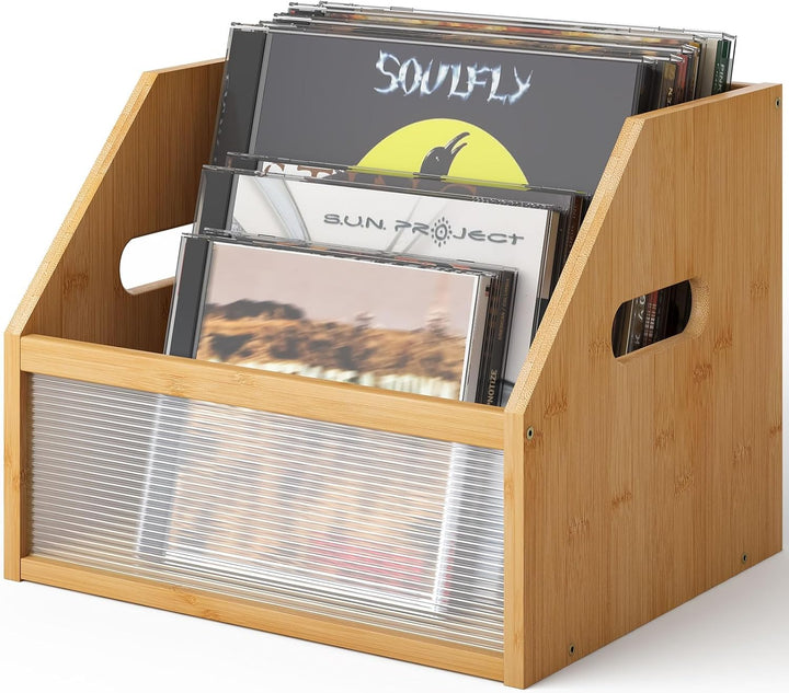 Vinyl Record Storage Box, Bamboo Wood Record Holder Storage, Magazine Book Album Display Rack, Stylish Desktop File Sorter Organizer for Home Office