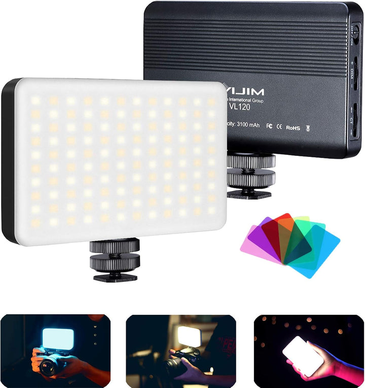 VL120 LED Video Light on Camera, 6 Color Filters Mini Rechargeable LED Photography Camera Lighting Panel 3200K-6500K Bi-Color Dimmable, CRI95+, 3100Mah Battery Fill Light for Nikon Sony DSLR