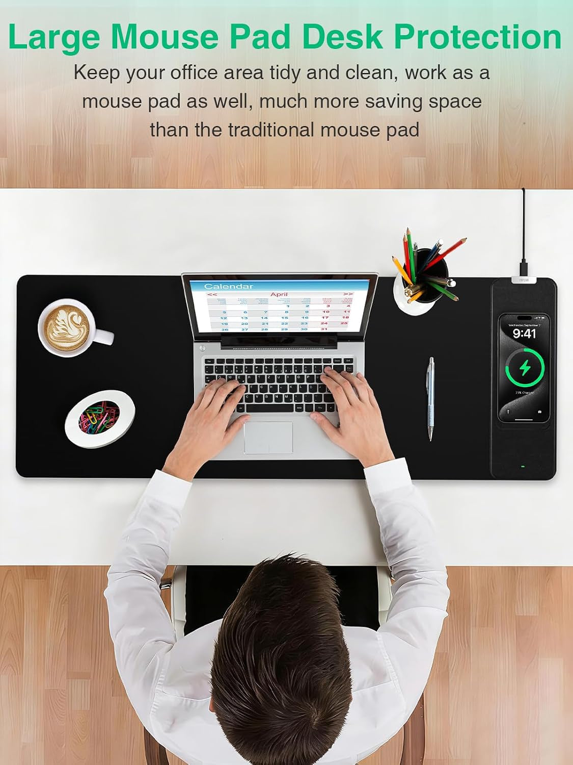 Mouse Pad with Wireless Charging, Black Mousepad Long Desk Mat, Large Gaming Mouse Pad, Soft Mouse Pad Gaming Desk Pad with Non-Slip Rubber Base, Extended Computer Keyboard Mat Office Mice Pad