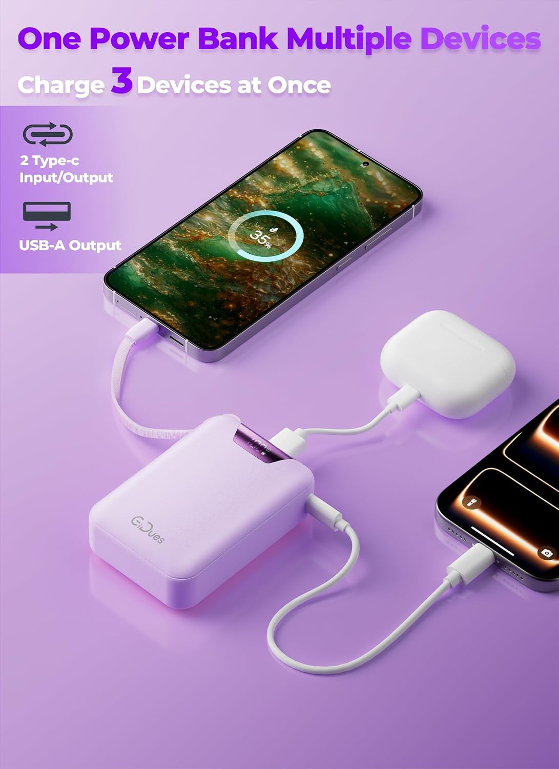 M2 Portable Charger, 20000Mah Power Bank, PD 35W Ultra Fast USB-C Built-In Cable, Compact Cute Mini External Battery Pack for Iphone, Samsung, Android Ipad (Purple)