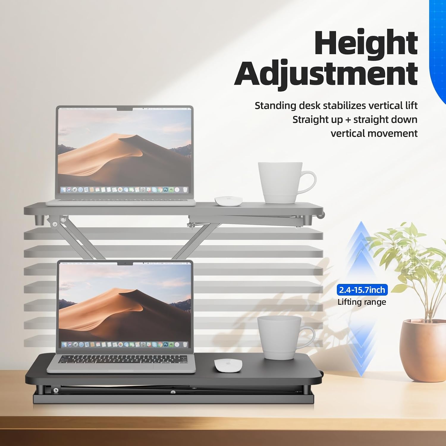 Standing Desk Converter Height Adjustable, Sit to Stand up Desk Riser Computer Workstation Use in Laptop and Single Monitor Ergonomic Desktop Workstation for Home Office - Black