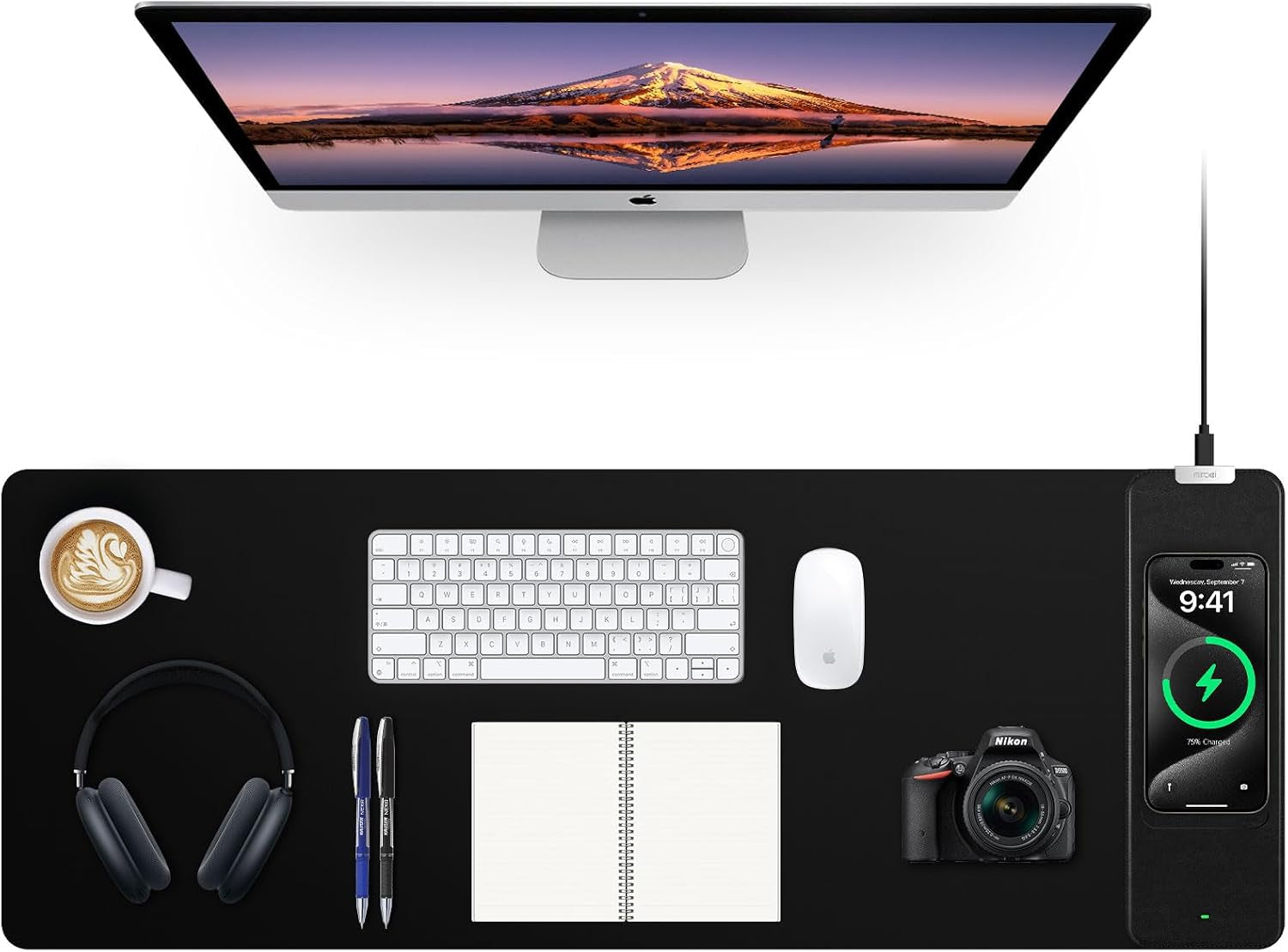 Mouse Pad with Wireless Charging, Black Mousepad Long Desk Mat, Large Gaming Mouse Pad, Soft Mouse Pad Gaming Desk Pad with Non-Slip Rubber Base, Extended Computer Keyboard Mat Office Mice Pad