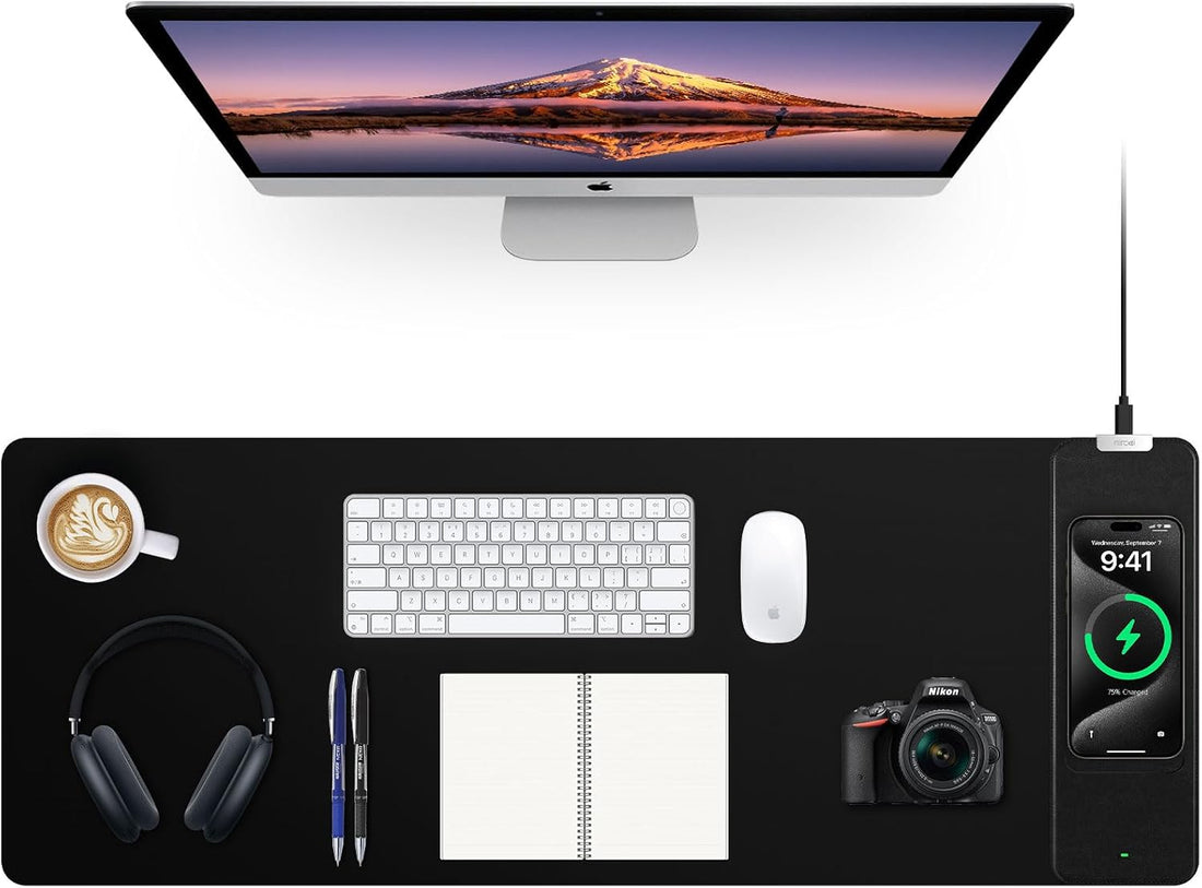 Mouse Pad with Wireless Charging, Black Mousepad Long Desk Mat, Large Gaming Mouse Pad, Soft Mouse Pad Gaming Desk Pad with Non-Slip Rubber Base, Extended Computer Keyboard Mat Office Mice Pad