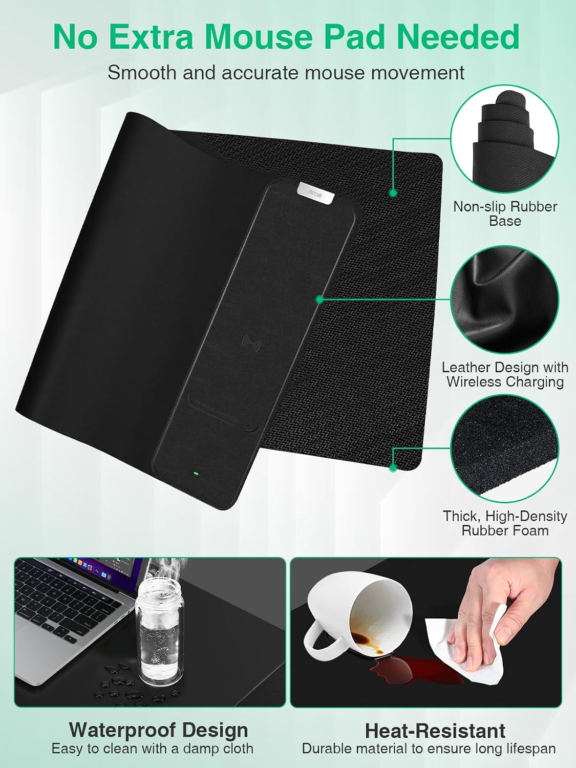 Mouse Pad with Wireless Charging, Black Mousepad Long Desk Mat, Large Gaming Mouse Pad, Soft Mouse Pad Gaming Desk Pad with Non-Slip Rubber Base, Extended Computer Keyboard Mat Office Mice Pad