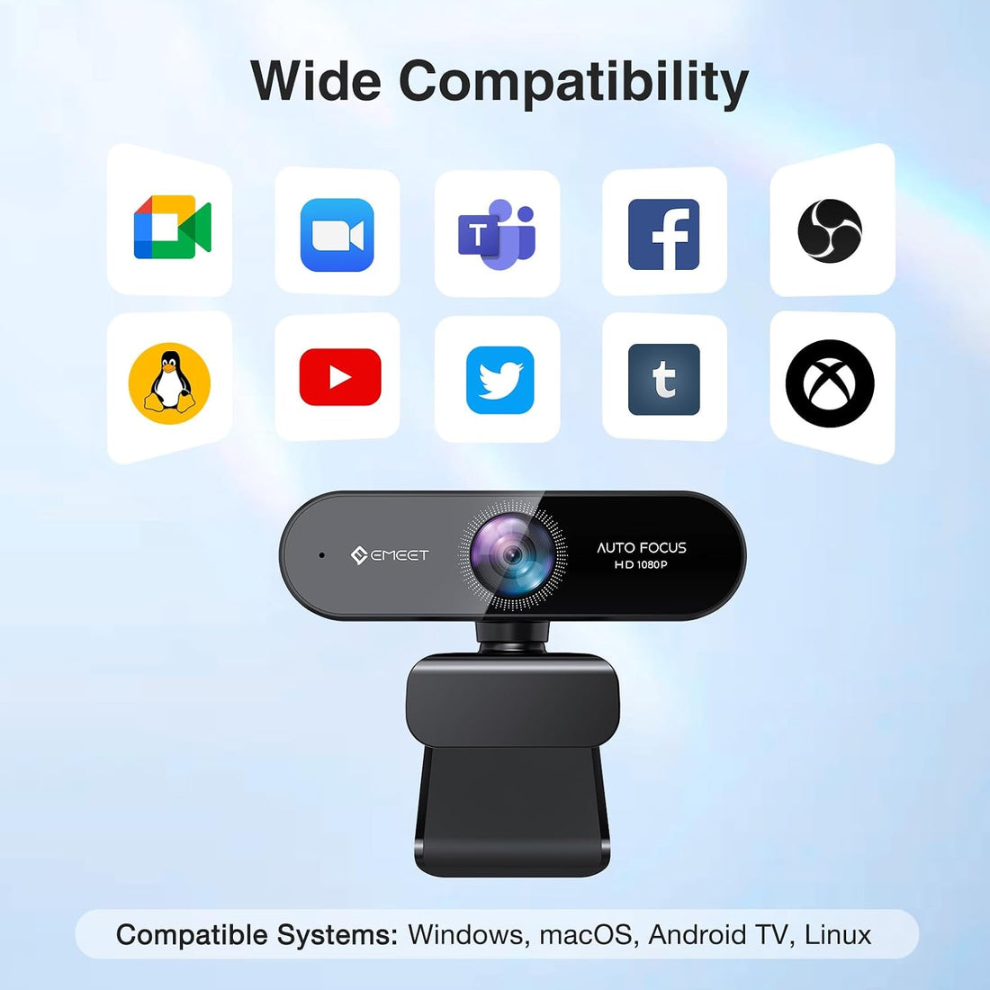 NOVA 1080P Webcam with Microphone, Auto Focus, 96°View Web Camera