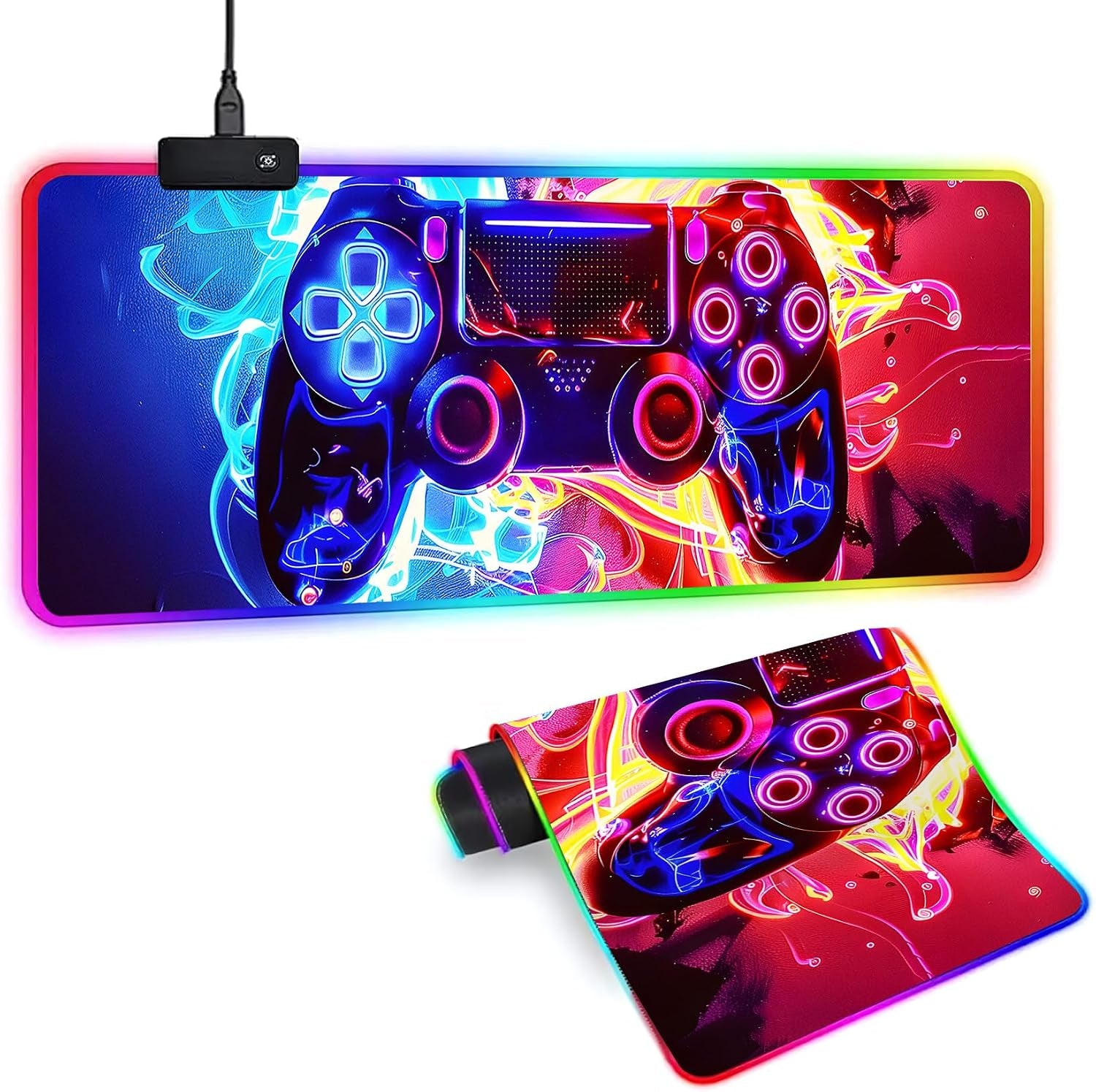 XL RGB Gaming Mouse Pad with 14 Light Modes - Light up Gamer Mouse Pad,31.5 X 11.8In Non-Slip Gamepad Style Led Large Gamer Mousepad,Black Long Glowing Gaming Accessories for Desk, Waterproof