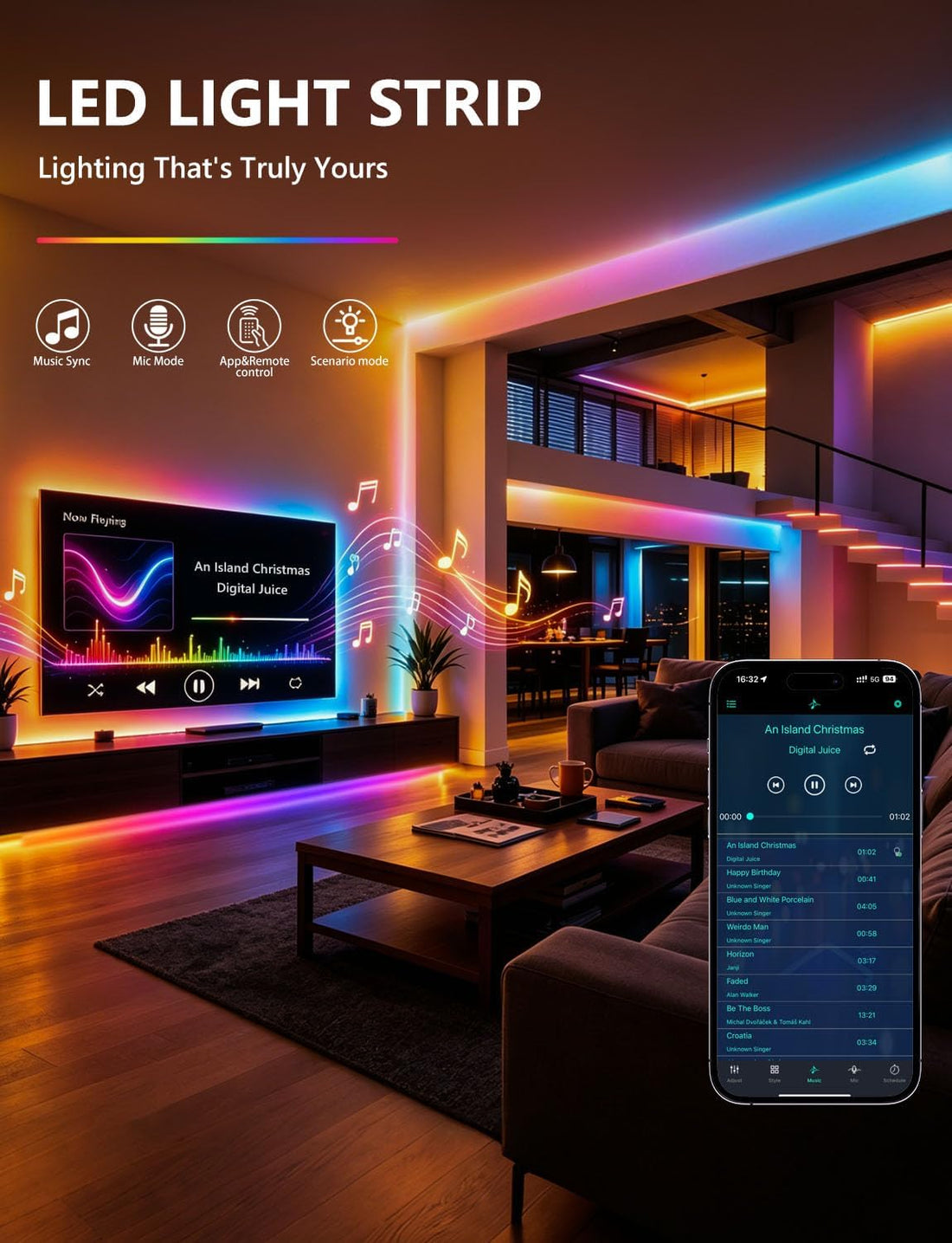 100Ft RGB+IC LED Strip Lights, LED Lights for Bedroom, Smart Control