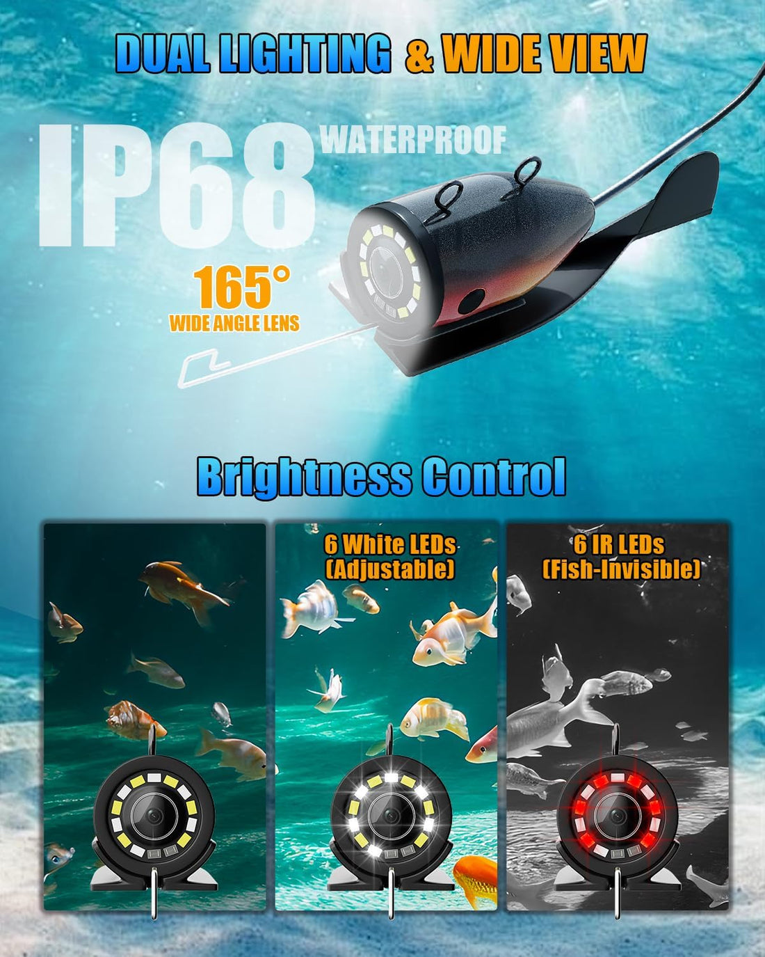 Underwater Fishing Camera 100Ft, 7'' IPS 1200TVL HD Ice Fishing Camera Underwater, Fish Finder Camera for Ice Lake Boat Fishing W/ 6 White & 6 IR Leds, IP68 Waterproof for Saltwater & Kayak