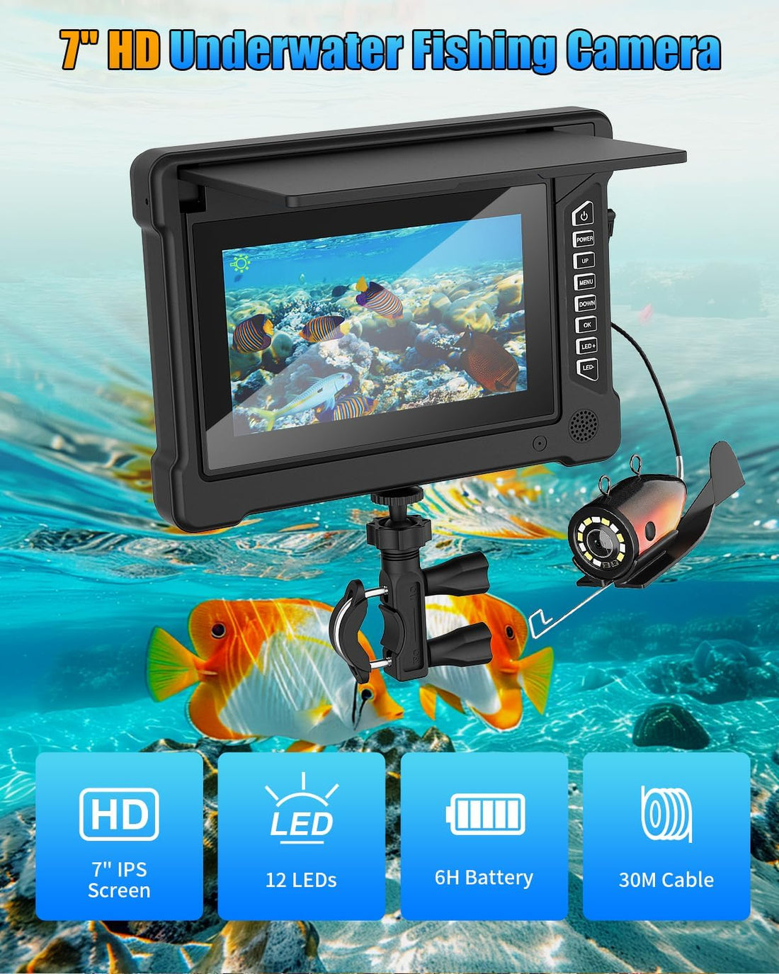 Underwater Fishing Camera 100Ft, 7'' IPS 1200TVL HD Ice Fishing Camera Underwater, Fish Finder Camera for Ice Lake Boat Fishing W/ 6 White & 6 IR Leds, IP68 Waterproof for Saltwater & Kayak