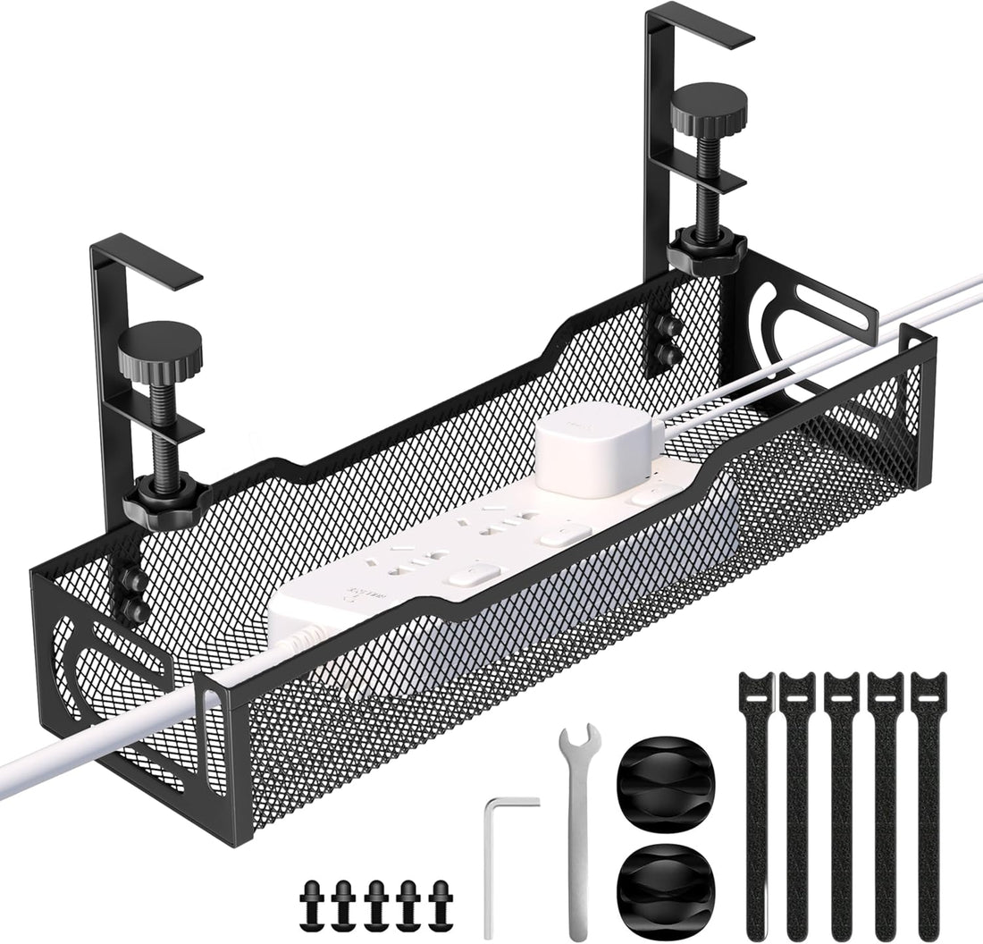 Under Desk Cable Management Tray, No Drill Mesh Cable Tray Cord Organizer