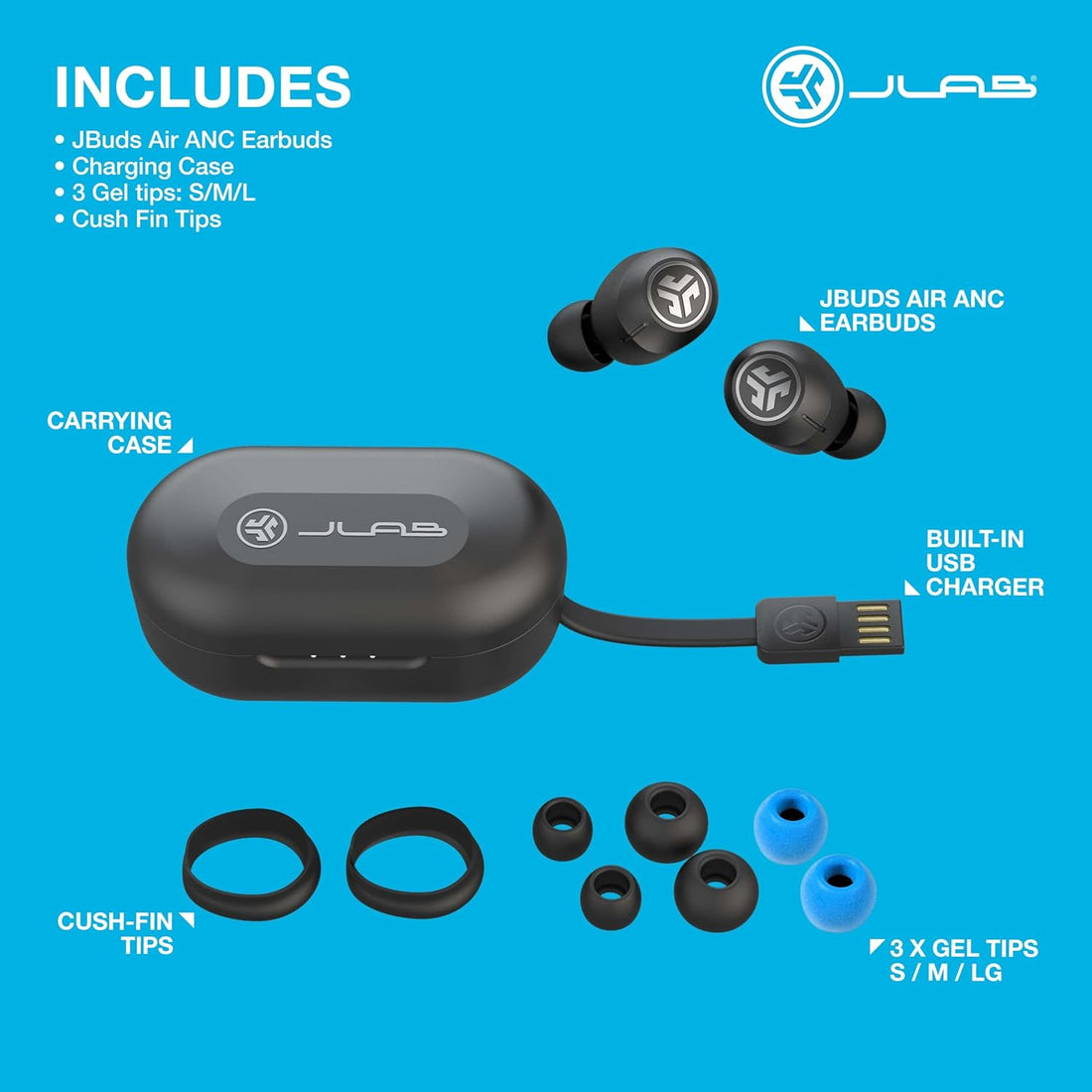 , Jbuds Air ANC, True Wireless Earbuds, Active Noise Cancelling Bluetooth Earbuds, Black