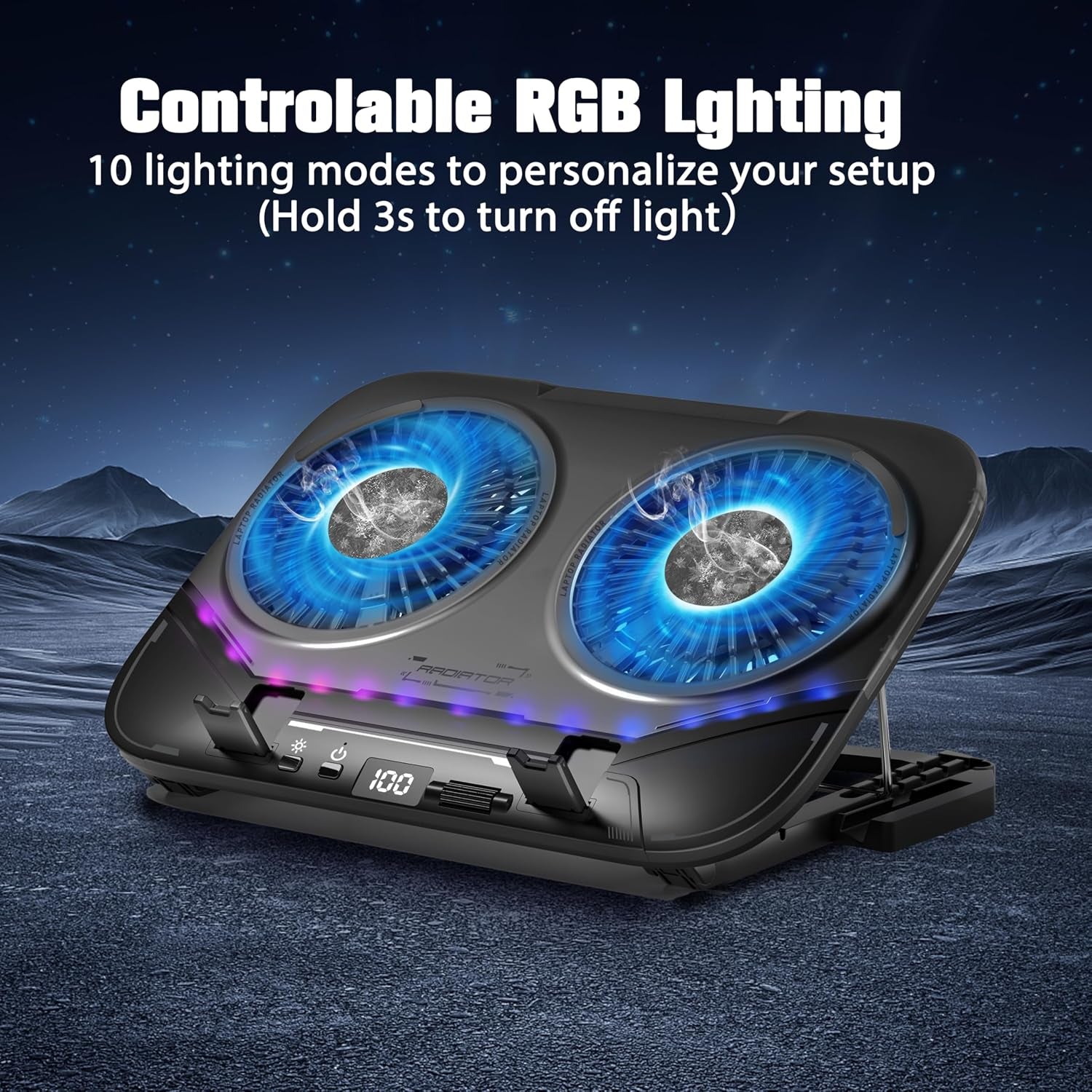 Dual-Core TEC Laptop Cooling Pad with Dual Stepless-Quiet Fans, 5-Height Adjustable Laptop Cooling Stand, 10-Level RGB for 13-17 Inch Laptops, Includes 15W Charger, Smoky Black