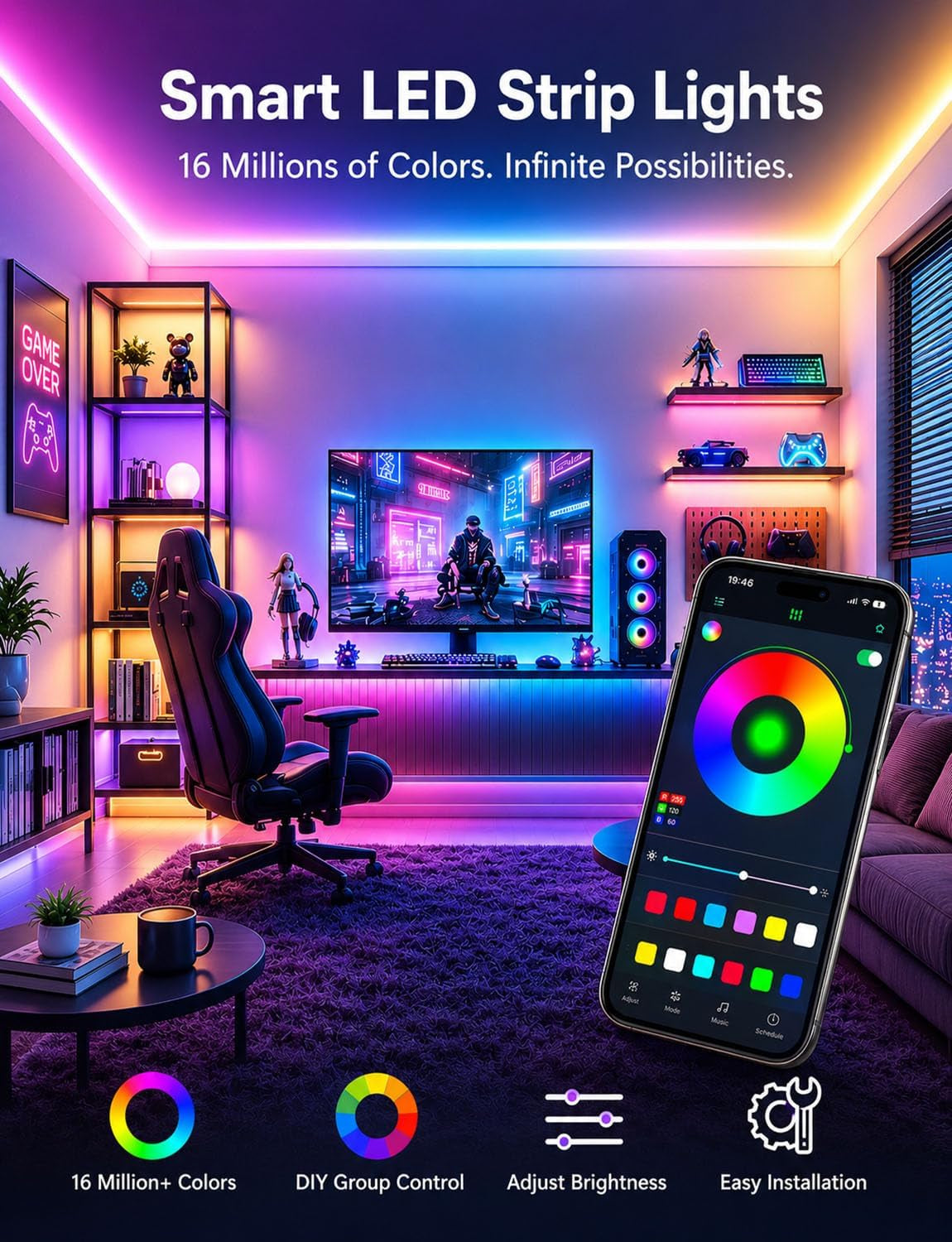 100Ft RGB+IC LED Strip Lights, LED Lights for Bedroom, Smart Control