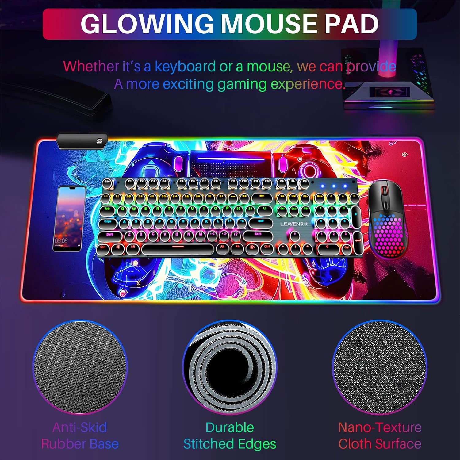 XL RGB Gaming Mouse Pad with 14 Light Modes - Light up Gamer Mouse Pad,31.5 X 11.8In Non-Slip Gamepad Style Led Large Gamer Mousepad,Black Long Glowing Gaming Accessories for Desk, Waterproof