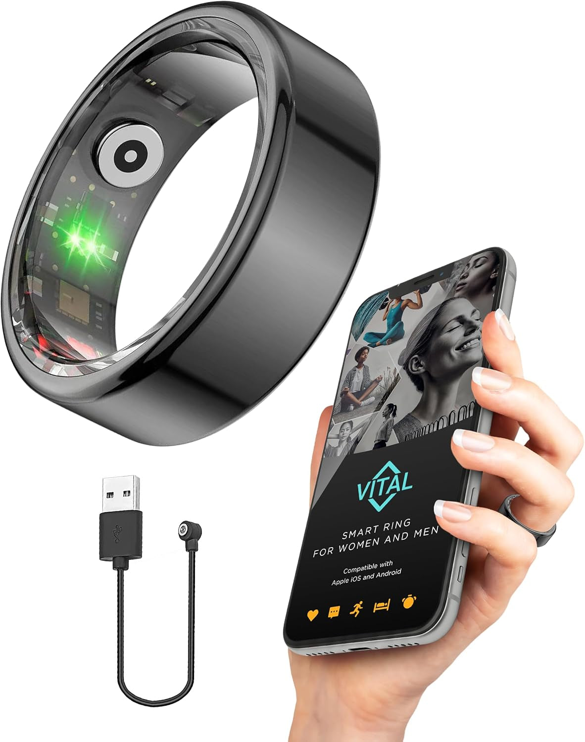 Vital Health Smart Ring for Women Rings for Men Fitness, Black, Size 8