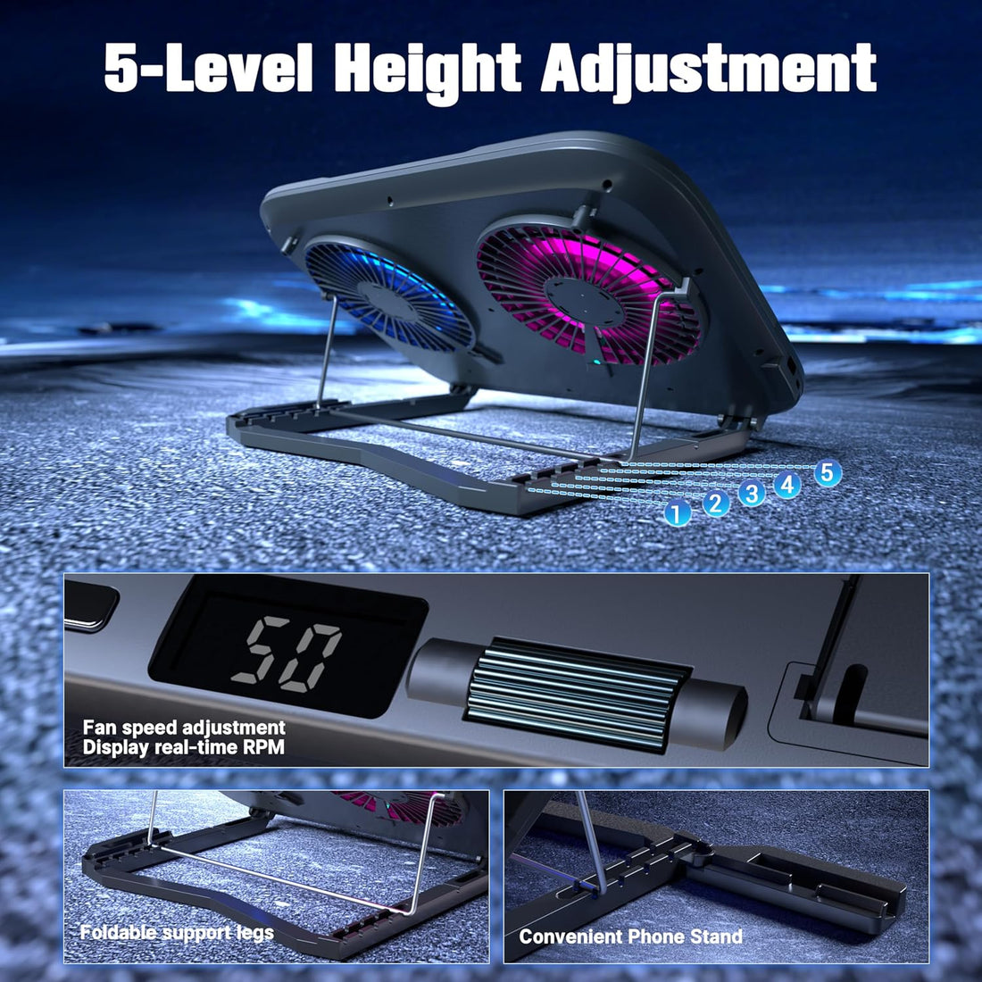 Dual-Core TEC Laptop Cooling Pad with Dual Stepless-Quiet Fans, 5-Height Adjustable Laptop Cooling Stand, 10-Level RGB for 13-17 Inch Laptops, Includes 15W Charger, Smoky Black