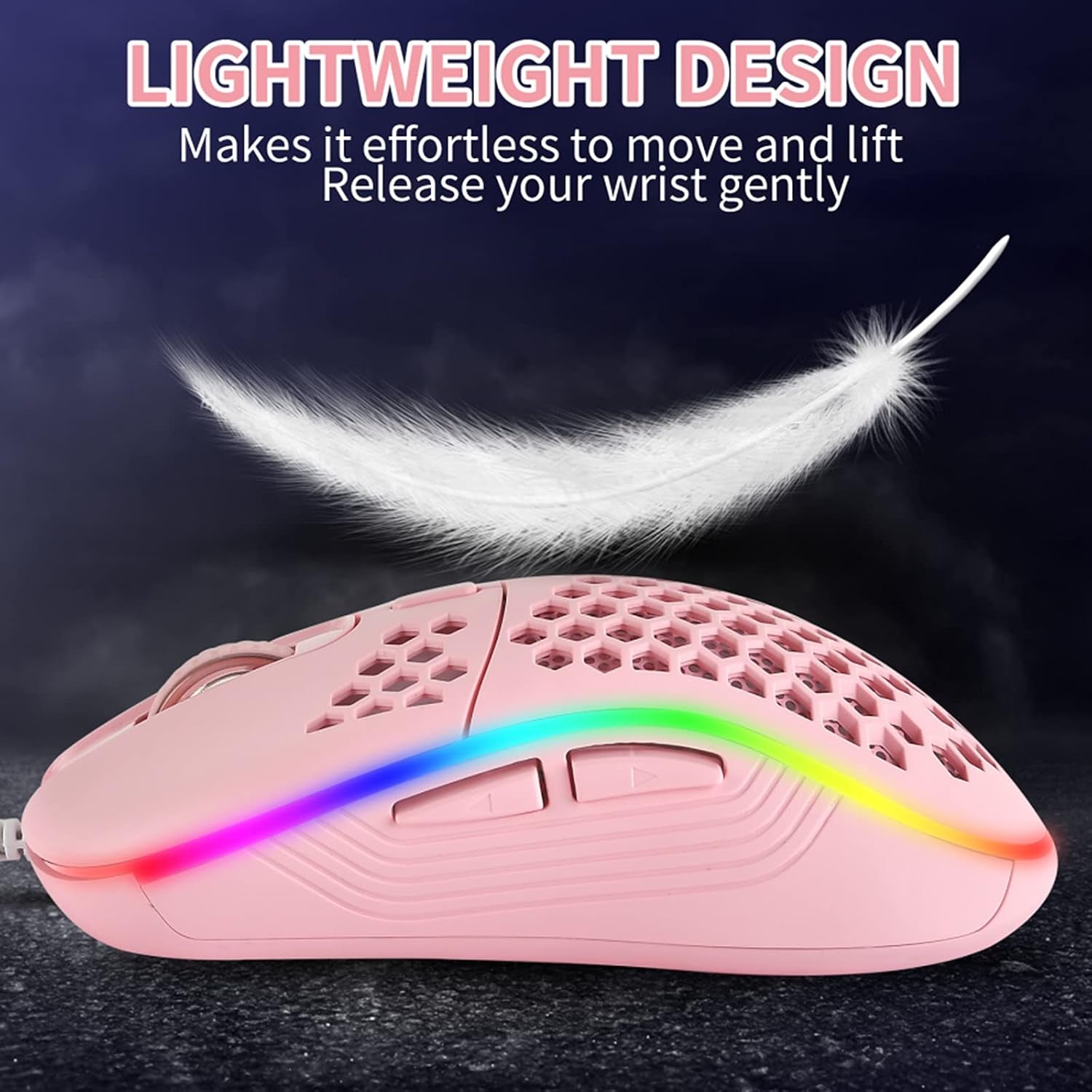 Honeycomb Wired Gaming Mouse with RGB On/Off Switch, 7200 Adjustable DPI, Ergonomic Lightweight Design & High Precision Sensor for Pc/Mac Gamers (Pink)