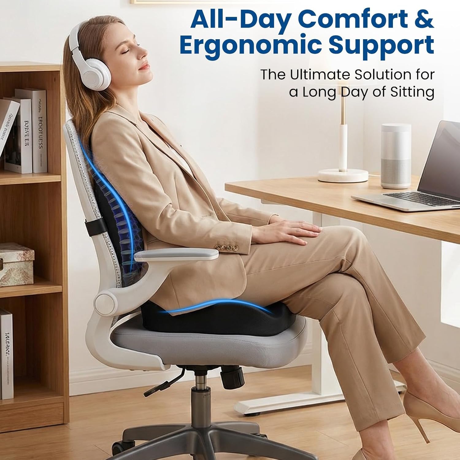 Seat Cushion Lumbar Support Pillow for Office Chair, X Large Memory Foam Chair Cushions for Sciatica Tailbone Pain Relief Coccyx Pad for Wheelchair, Car, Home, Office, Desk