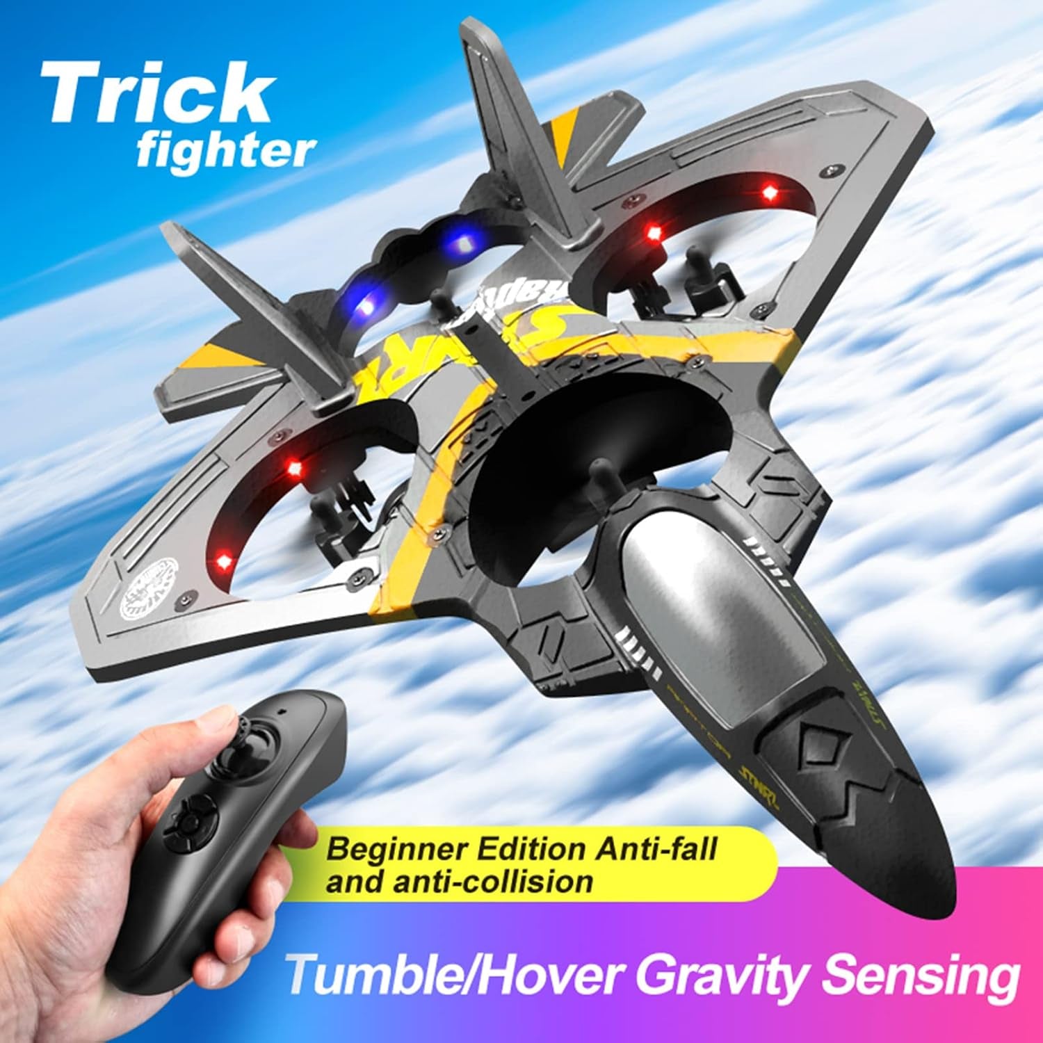 V17 Remote Control Plane, 2.4Ghz Foam RC Airplanes Jet Fighter Stunt RC Airplane with Spinning Drone,Gravity Sensing,Stunt Roll,Cool Light,2 Battery Forteens Adults