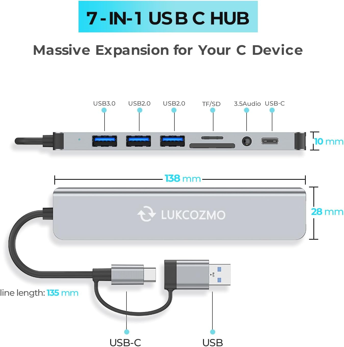8 in 1 USB C Hub with USB 3.0 Splitter, 4 USB Ports & SD/TF Card Reader