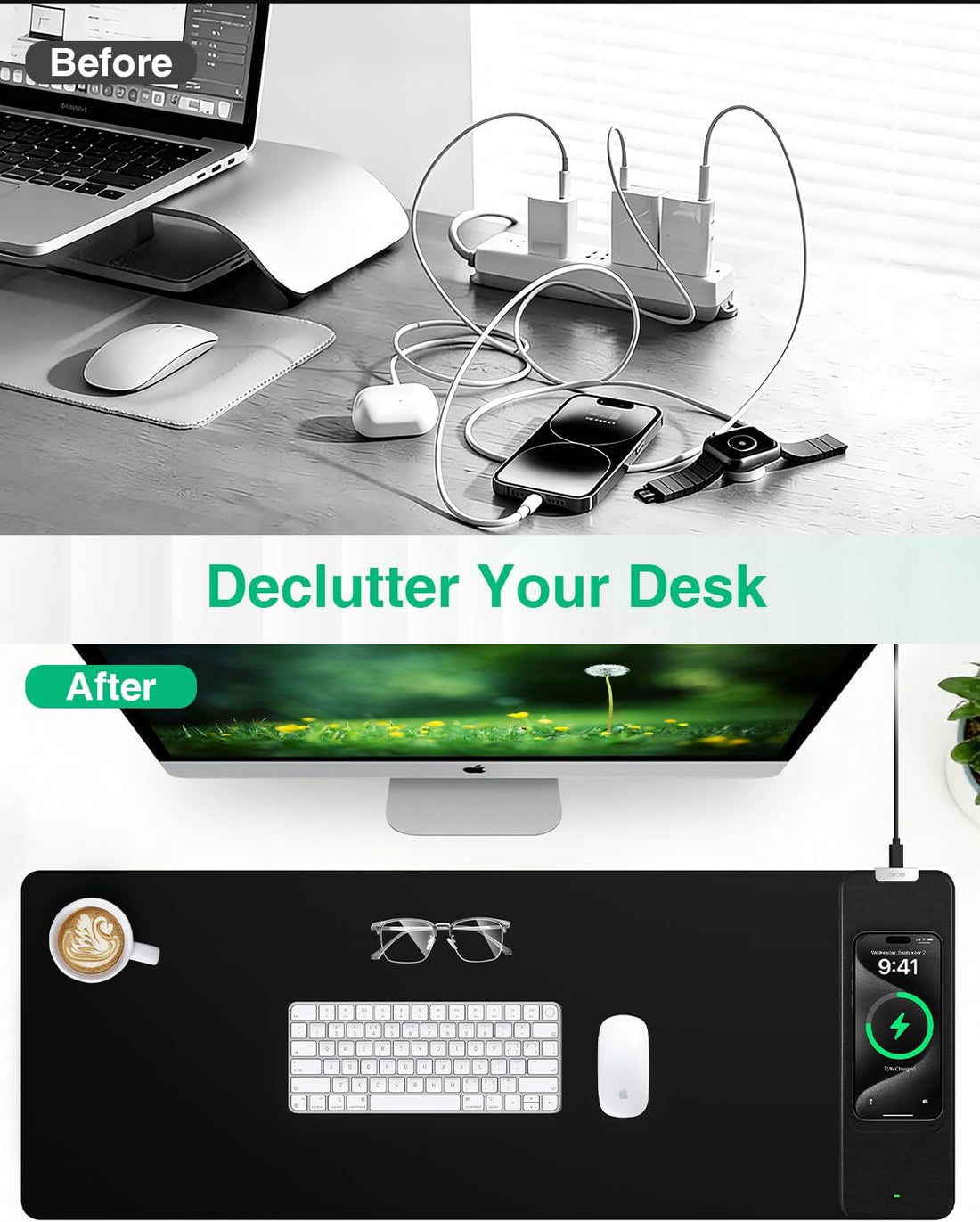 Mouse Pad with Wireless Charging, Black Mousepad Long Desk Mat, Large Gaming Mouse Pad, Soft Mouse Pad Gaming Desk Pad with Non-Slip Rubber Base, Extended Computer Keyboard Mat Office Mice Pad