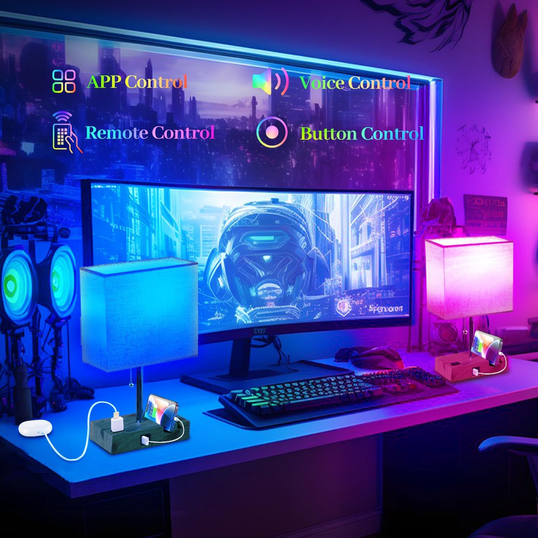 Smart RGB Dimmable Table Lamp Compatible with Alexa&App&Remote Control, Wood Base