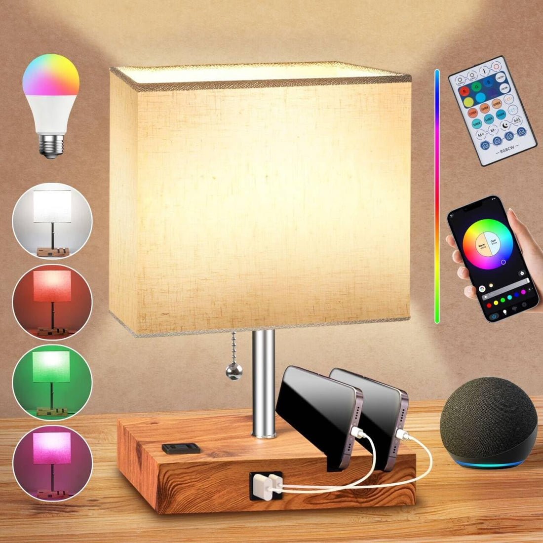 Smart RGB Dimmable Table Lamp Compatible with Alexa&App&Remote Control, Wood Base