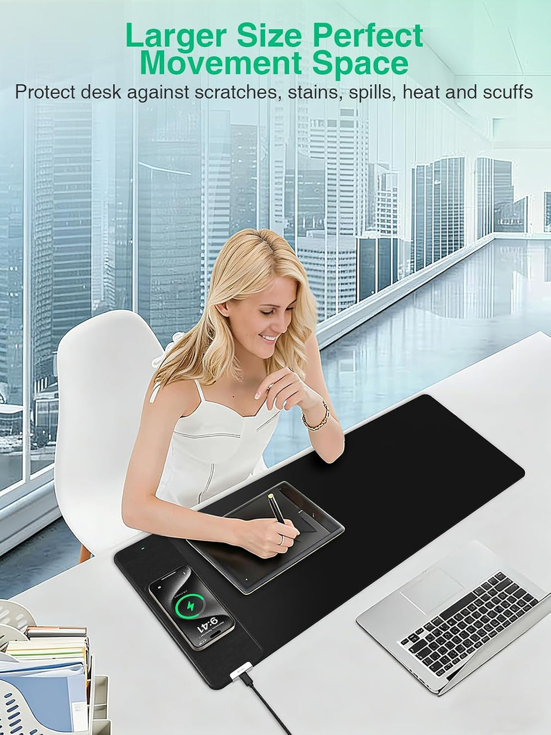 Mouse Pad with Wireless Charging, Black Mousepad Long Desk Mat, Large Gaming Mouse Pad, Soft Mouse Pad Gaming Desk Pad with Non-Slip Rubber Base, Extended Computer Keyboard Mat Office Mice Pad