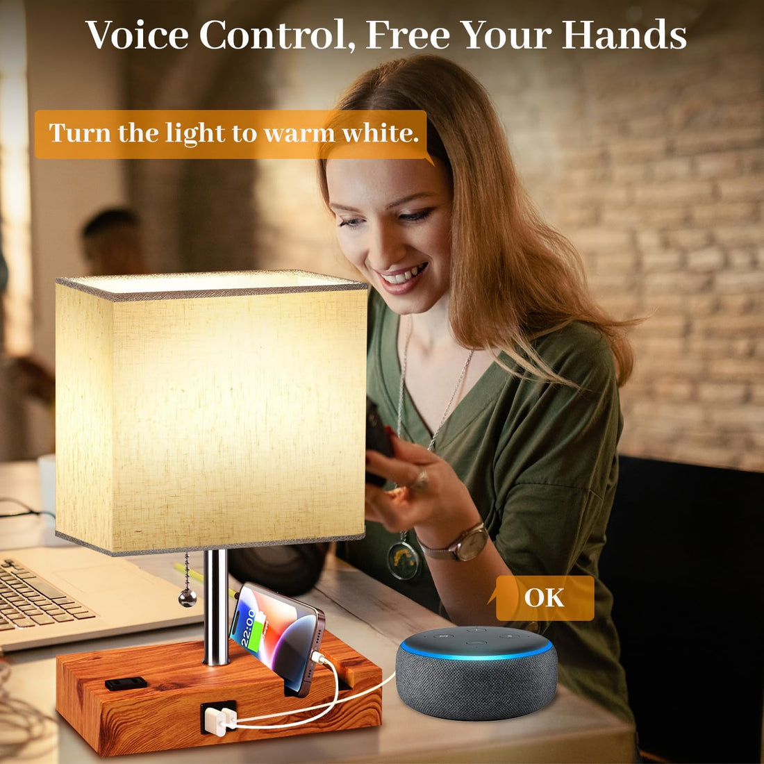 Smart RGB Dimmable Table Lamp Compatible with Alexa&App&Remote Control, Wood Base