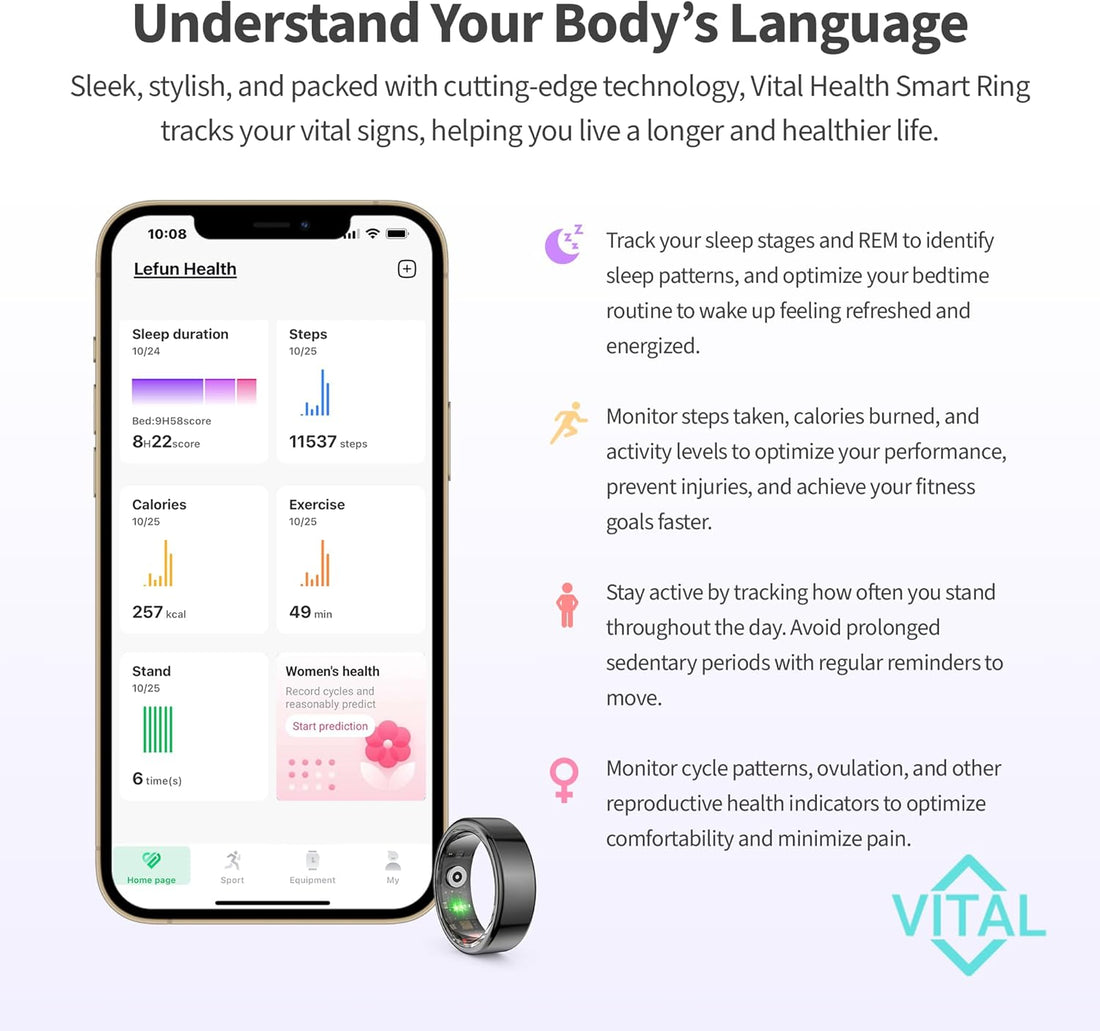 Vital Health Smart Ring for Women Rings for Men Fitness, Black, Size 8