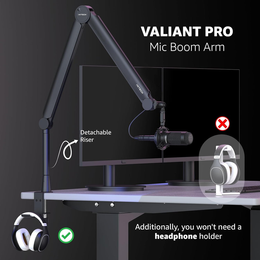 Mic Arm Boom Arm 360° Rotatable Microphone Boom Arm Mic Boom Arm with Desk Mount, Fully Adjustable, for Podcast, Video, Gaming, Radio, Studio Recording, Sturdy and Universal VALIANT Pro