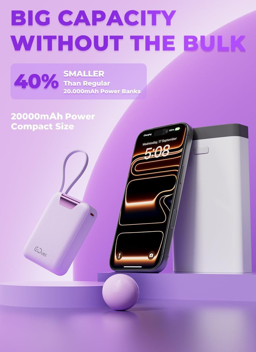 M2 Portable Charger, 20000Mah Power Bank, PD 35W Ultra Fast USB-C Built-In Cable, Compact Cute Mini External Battery Pack for Iphone, Samsung, Android Ipad (Purple)