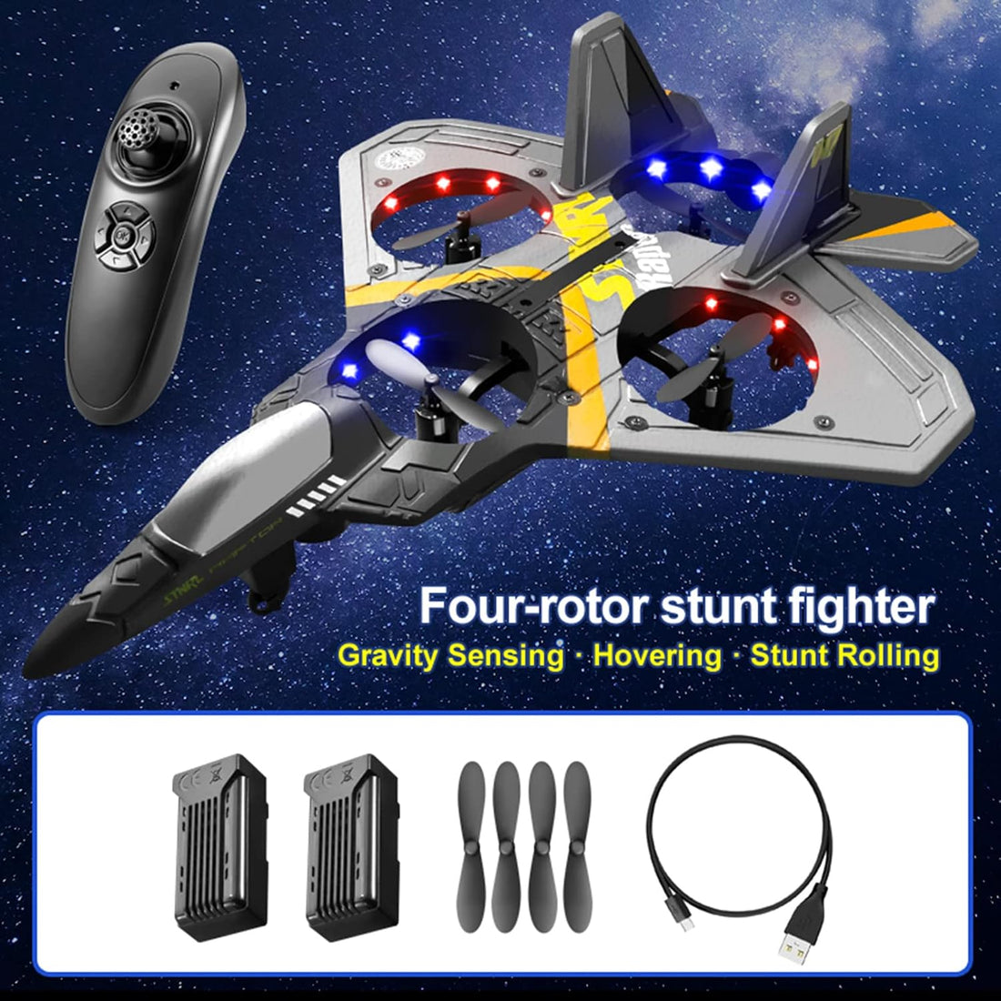 V17 Remote Control Plane, 2.4Ghz Foam RC Airplanes Jet Fighter Stunt RC Airplane with Spinning Drone,Gravity Sensing,Stunt Roll,Cool Light,2 Battery Forteens Adults