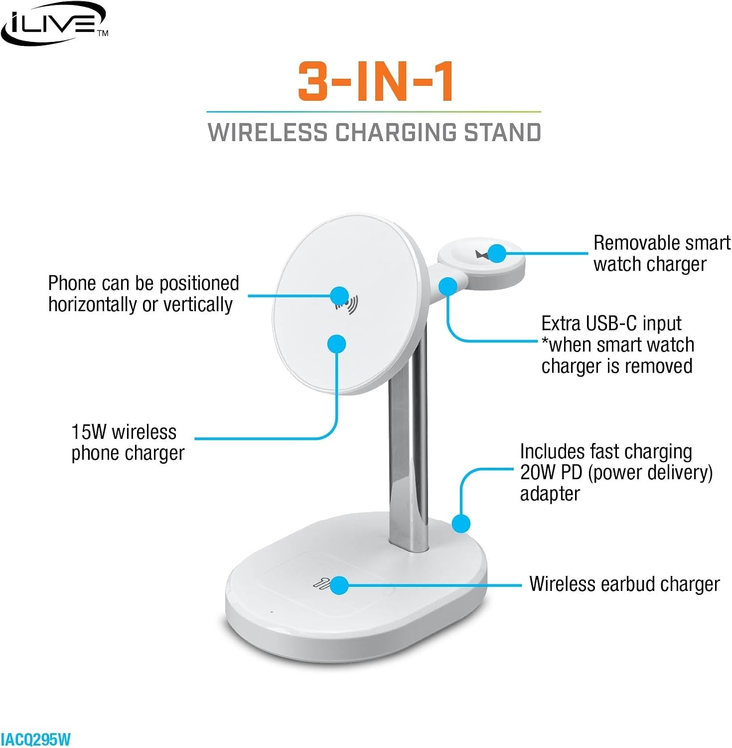 Ilive 3-In-1 Wireless Charging Stand for Phone, Smartwatch & Earbuds