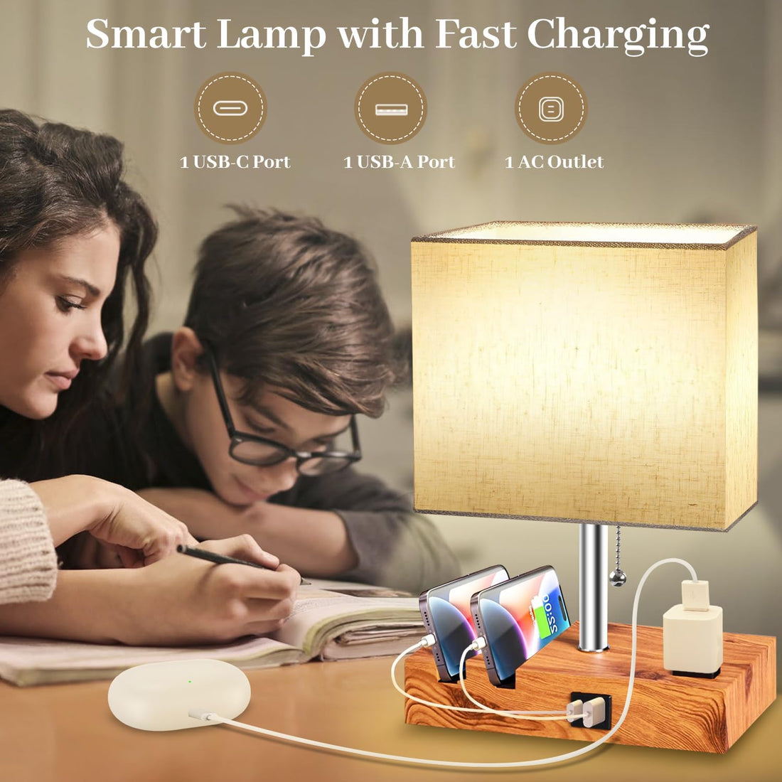 Smart RGB Dimmable Table Lamp Compatible with Alexa&App&Remote Control, Wood Base