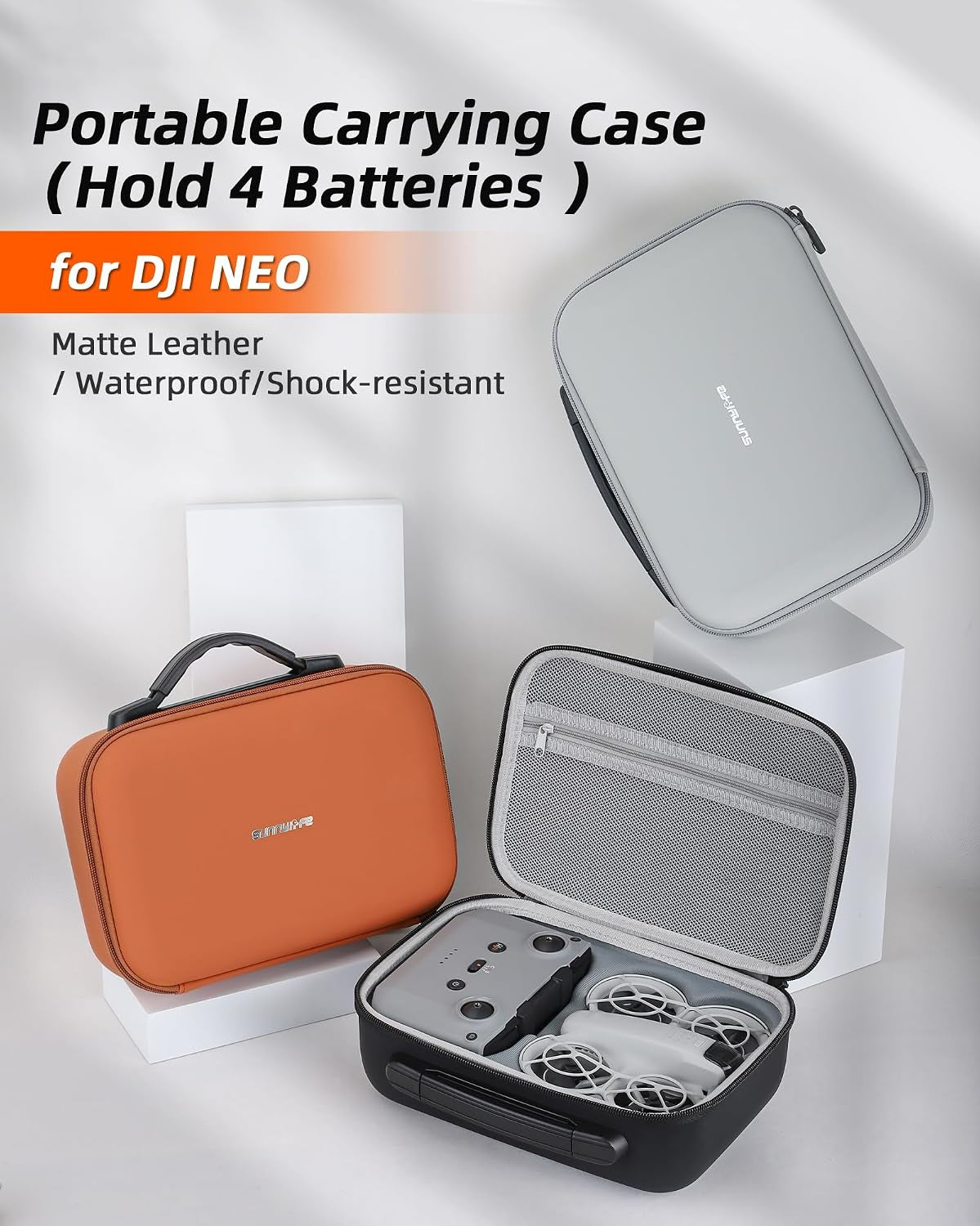 Carrying Case for DJI Neo Fly More Combo Accessories, Portable PU Leather Storage Travel Case for DJI Neo, Compatible with RC-N3 Remote Controller, Three-Battery, Charging Hub (Light Grey)