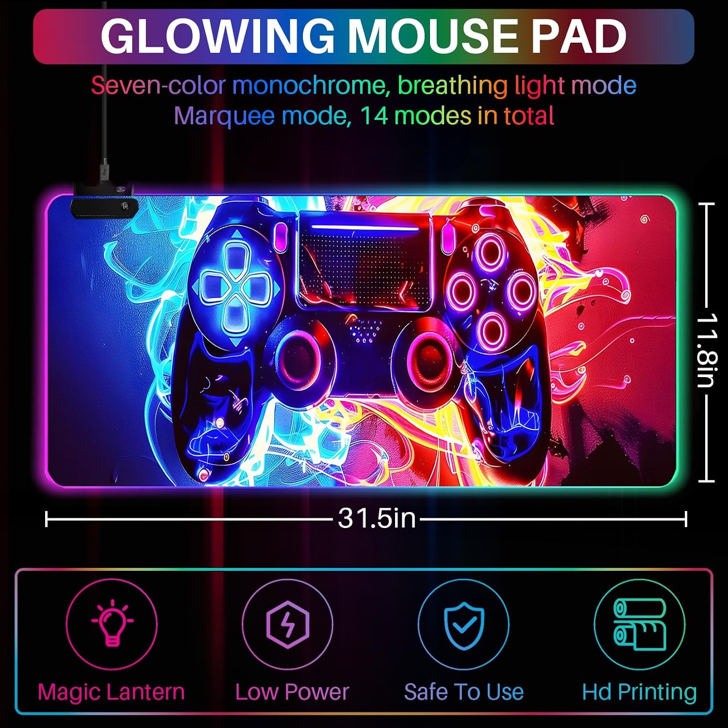 XL RGB Gaming Mouse Pad with 14 Light Modes - Light up Gamer Mouse Pad,31.5 X 11.8In Non-Slip Gamepad Style Led Large Gamer Mousepad,Black Long Glowing Gaming Accessories for Desk, Waterproof