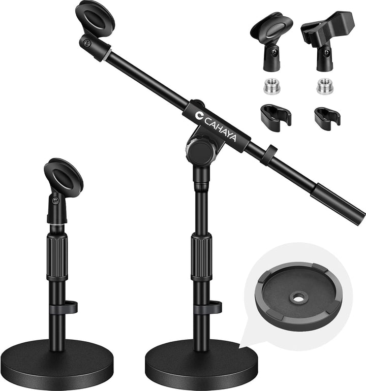 Microphone Stand Desk Adjustable: Boom Arm Mic Stand Desktop with 2 Mic Clips Reinforced Metal Base Table Mic Mount with 3/8" to 5/8" Screw Adapter for Singing Performance Wedding Stage Black