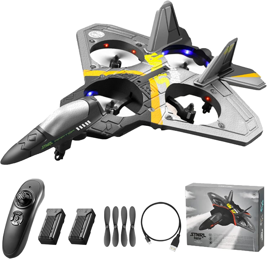 V17 Remote Control Plane, 2.4Ghz Foam RC Airplanes Jet Fighter Stunt RC Airplane with Spinning Drone,Gravity Sensing,Stunt Roll,Cool Light,2 Battery Forteens Adults