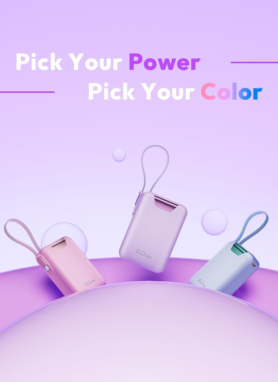 M2 Portable Charger, 20000Mah Power Bank, PD 35W Ultra Fast USB-C Built-In Cable, Compact Cute Mini External Battery Pack for Iphone, Samsung, Android Ipad (Purple)